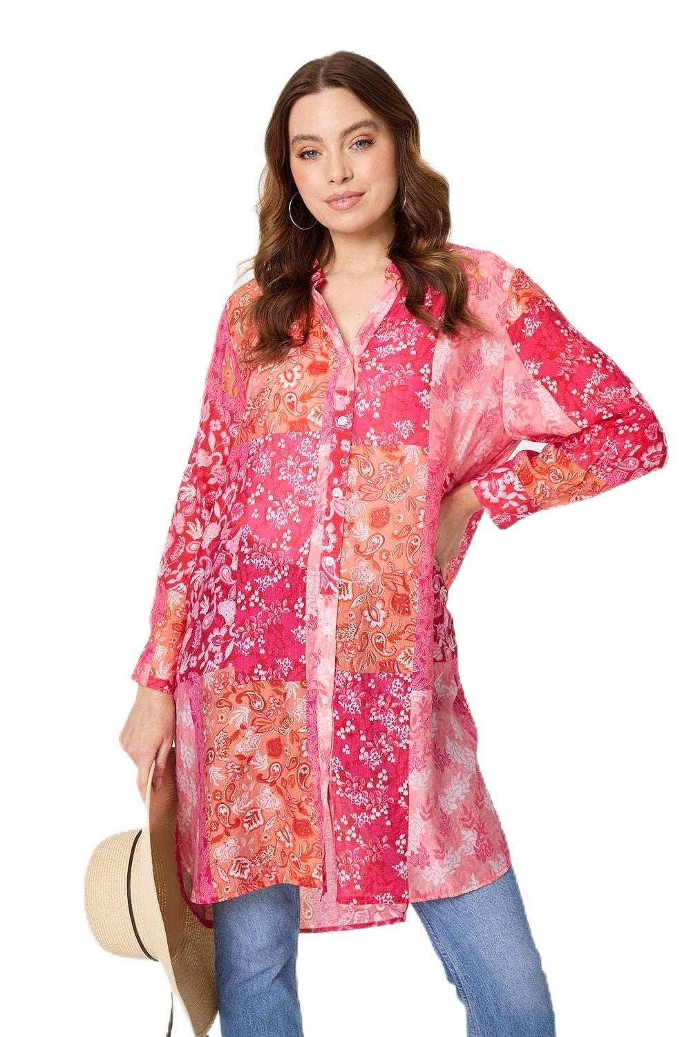 Izabel London Patchwork Print Semi Sheer Longline Shirt - Red - Size 12