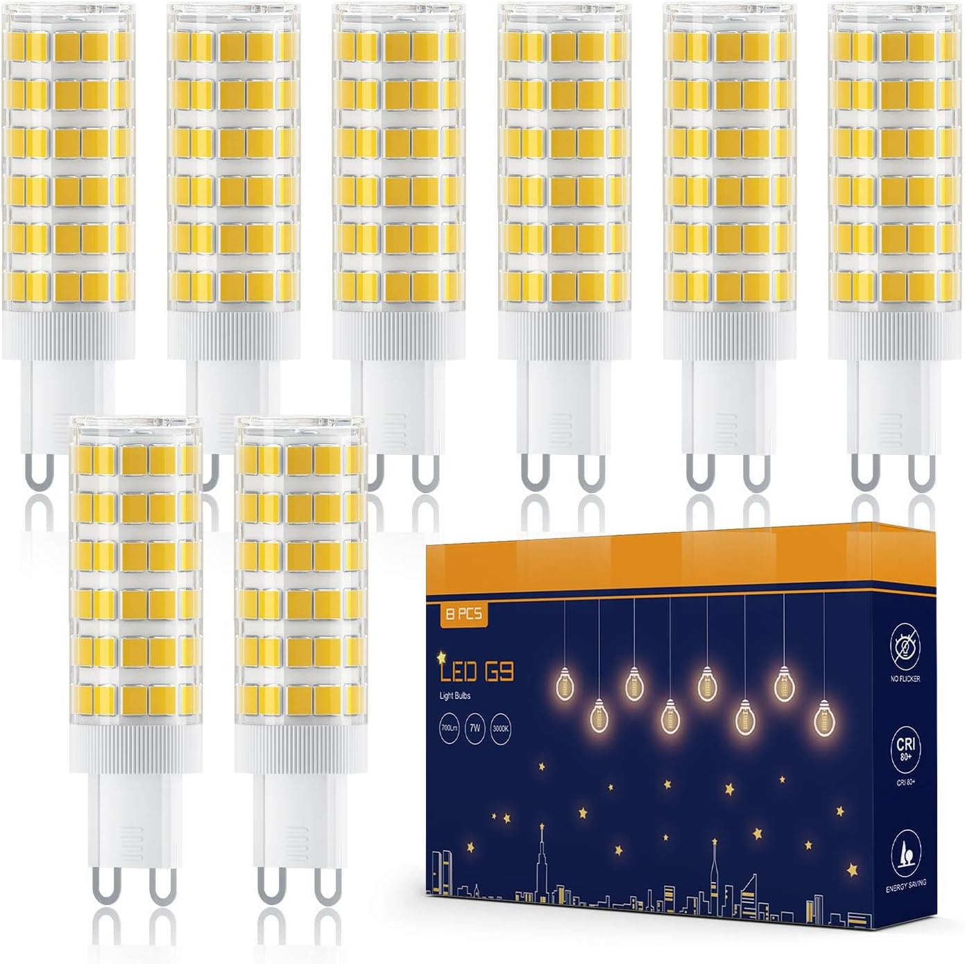 G9 LED Bulbs, Warm White 7W 700LM 3000K, Equivalent to 70W Halogen, Non Dimmable for Lighting Decor, Ceiling Lights, Chandelier, 8 Packs