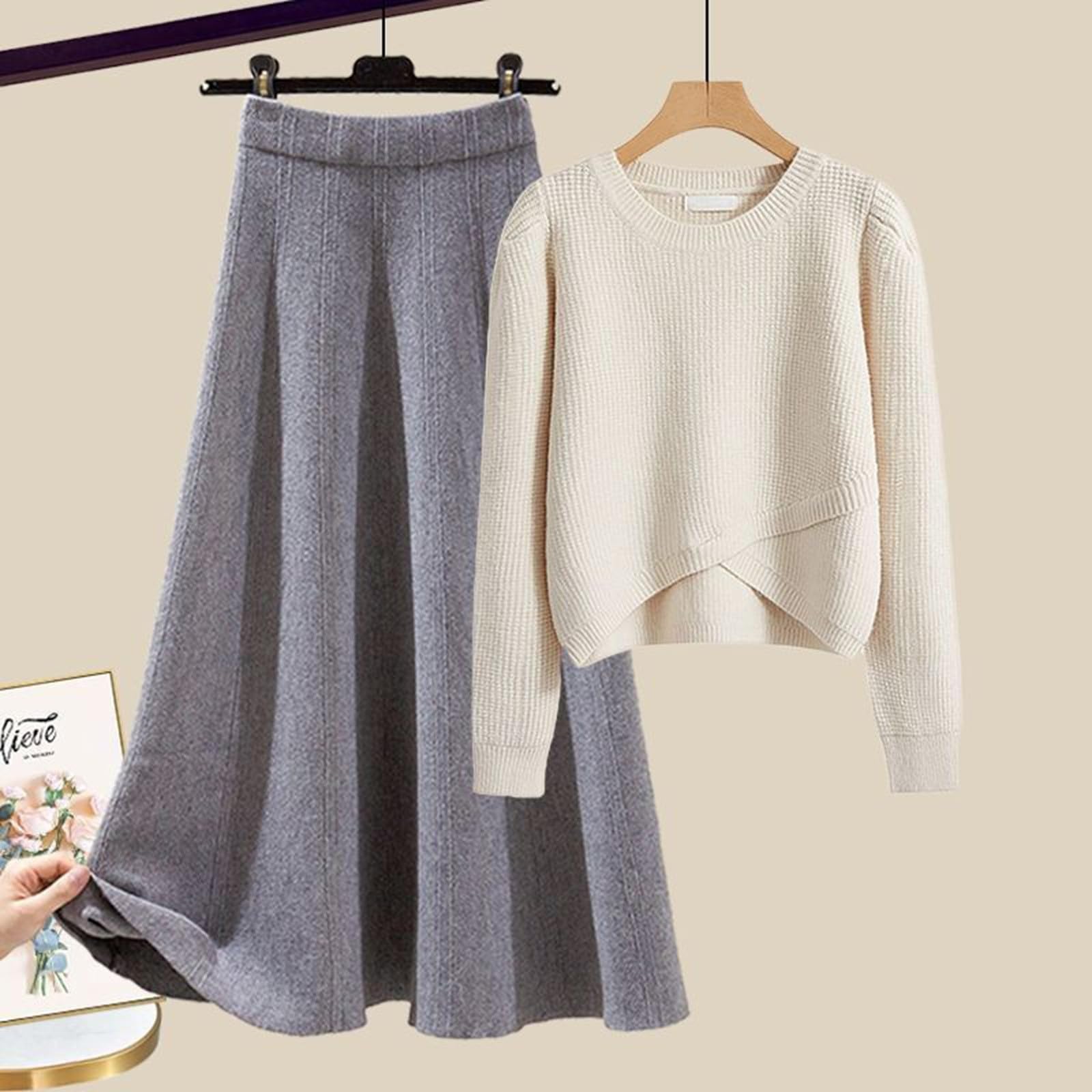 Generisch Set gonna a maglia da donna a maniche lunghe e a vita alta, maxi gonna, due pezzi, set di maglioni a maglia Blues Midirock 2 pezzi per la casa clubwear top bodycon elegante gonna per feste