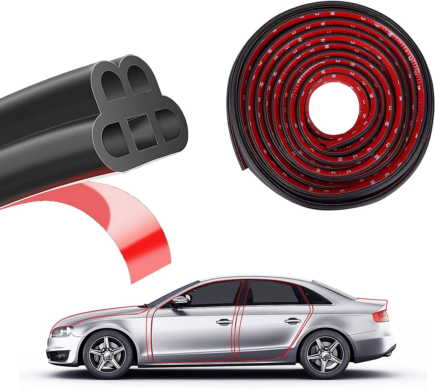 Car Door Seal Strip, 5M/16.4Ft Double Layer L-Shape Self Adhesive Automotive Weather Stripping for Car Truck SUV RV Window Soundproofing Door Engine Cover Noise Insulation