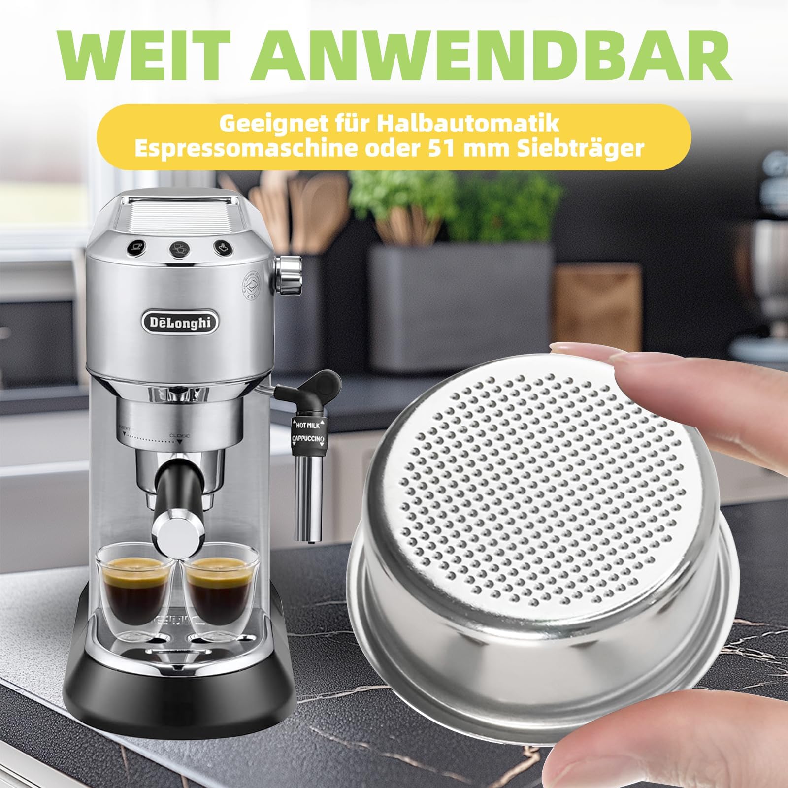 51 Mm Edelstahl Kaffeefilter Mit Spender – Für Espressomaschinen | Kompatibel Mit De'Longhi EC685/EC680 | 1-fach Sieb