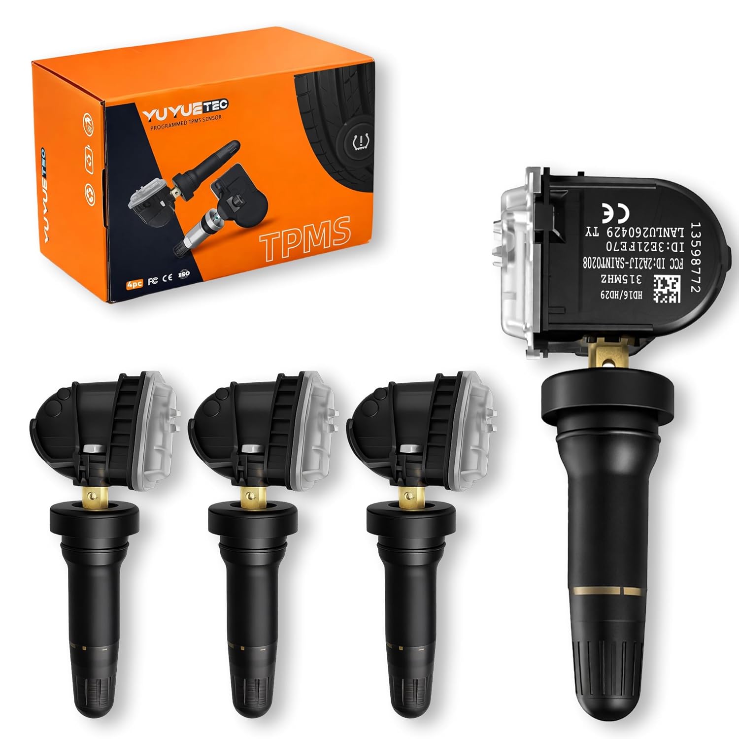 GM 315MHz TPMS Sensors Set of 4 Pre-Programmed Tire Pressure Sensor for Chevy Silverado Tahoe Suburban, GMC Sierra Yukon Acadia, Cadillac Buick, Replace 13598771 13598772 13581558
