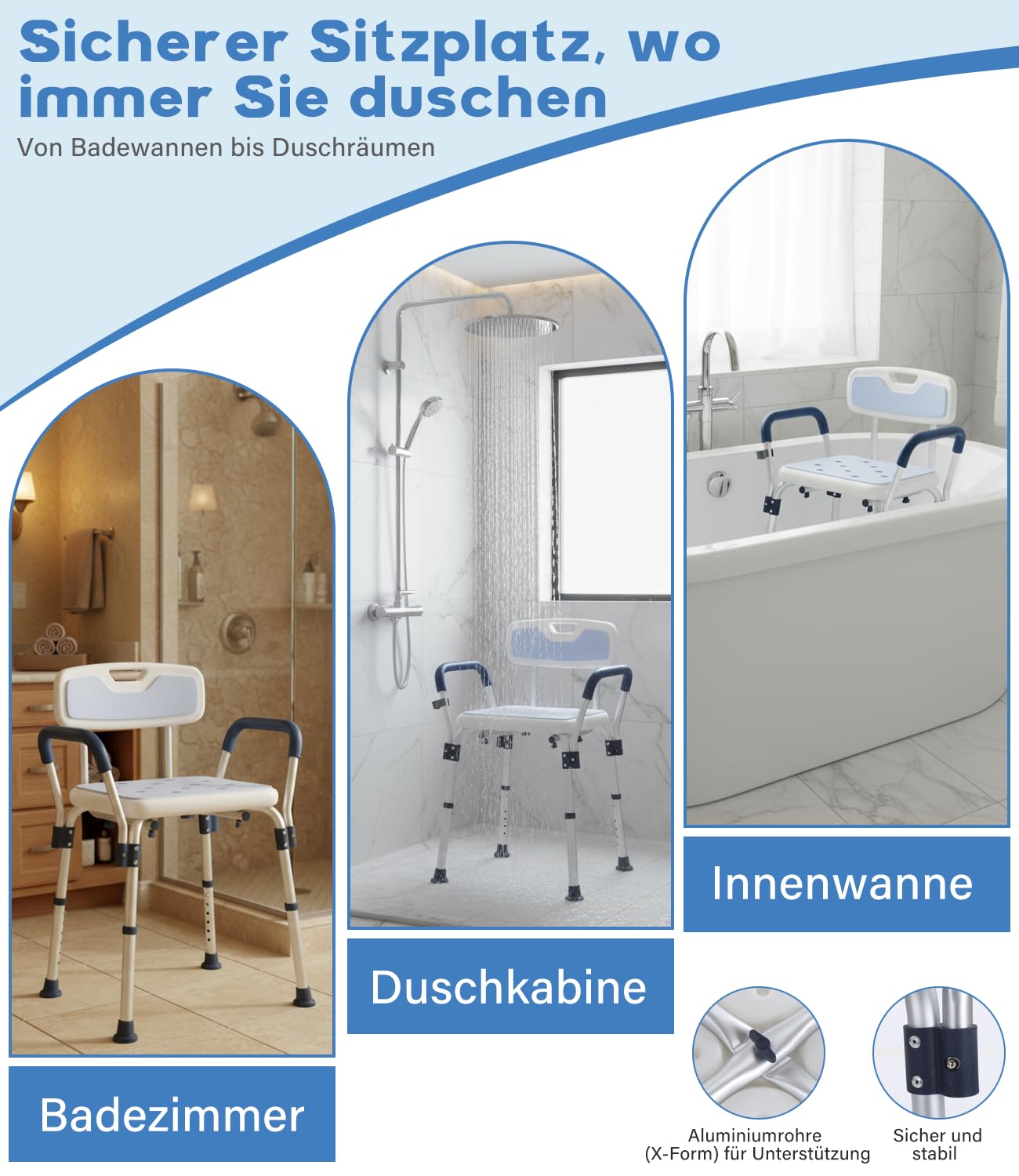 Silla de baño para personas mayores con respaldo extraíble, con capacidad de carga de 160 kg, 6 niveles de ajuste de altura (68 – 81 cm) | Silla de ducha con pies antideslizantes