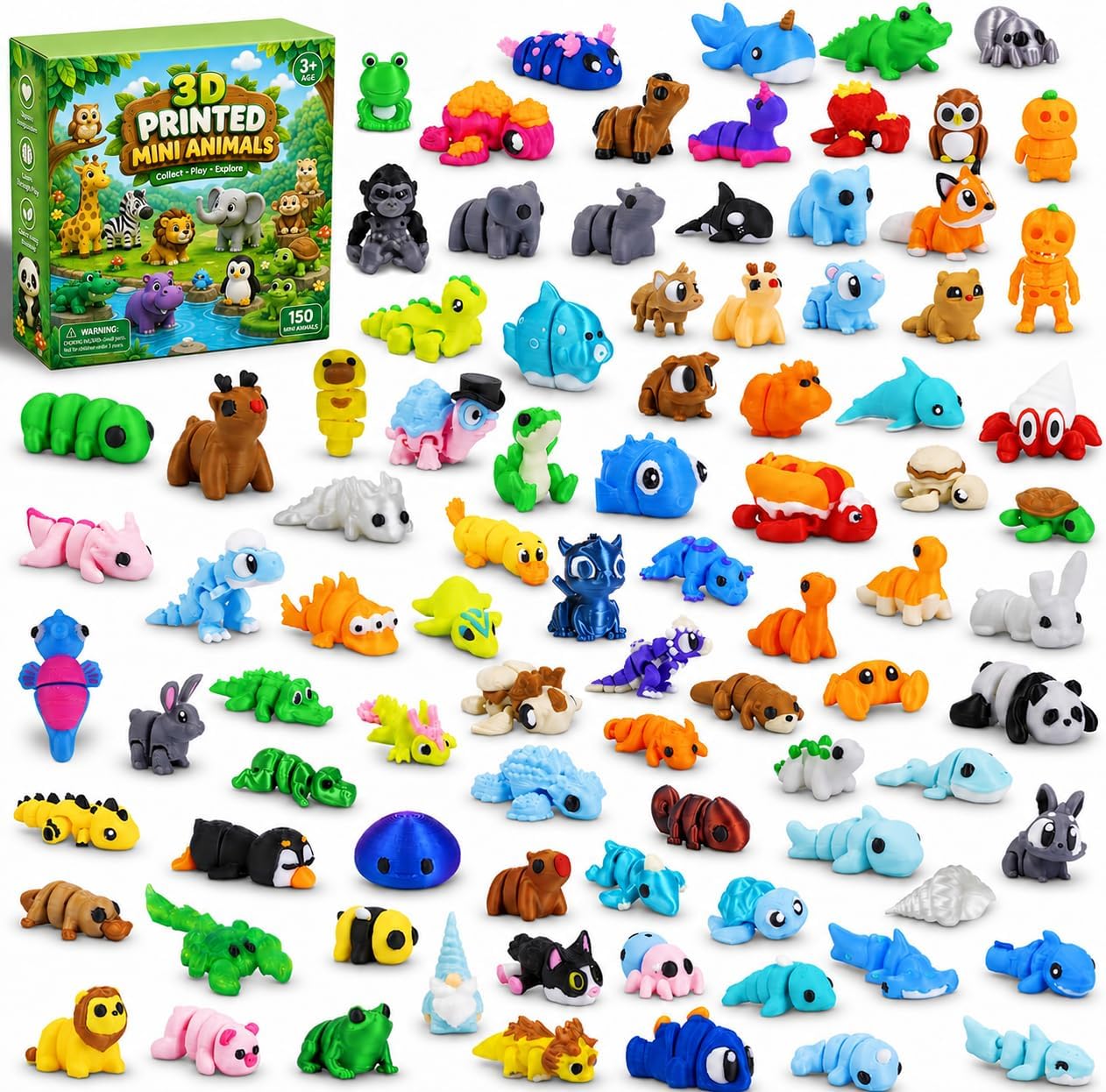 150 PCS 3D Printed Animals, Articulated Animal Figurines for Kids