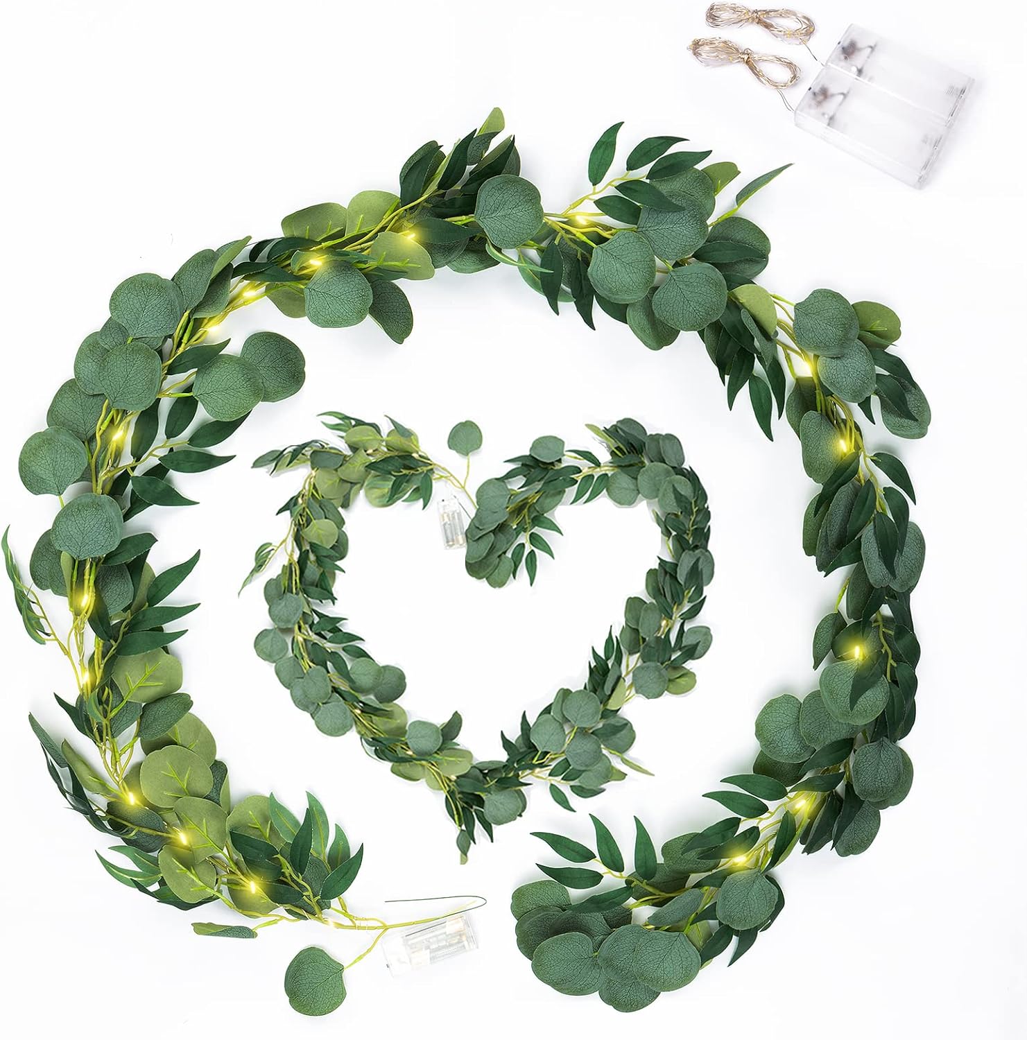 iflove Lighted Artificial Eucalyptus Garland, 2 Pack 6.2FT 20 LED Battery Operated Faux Eucalyptus Garland Lights for Wedding Backdrop Arch Wall Décor(AA Battery Powered)