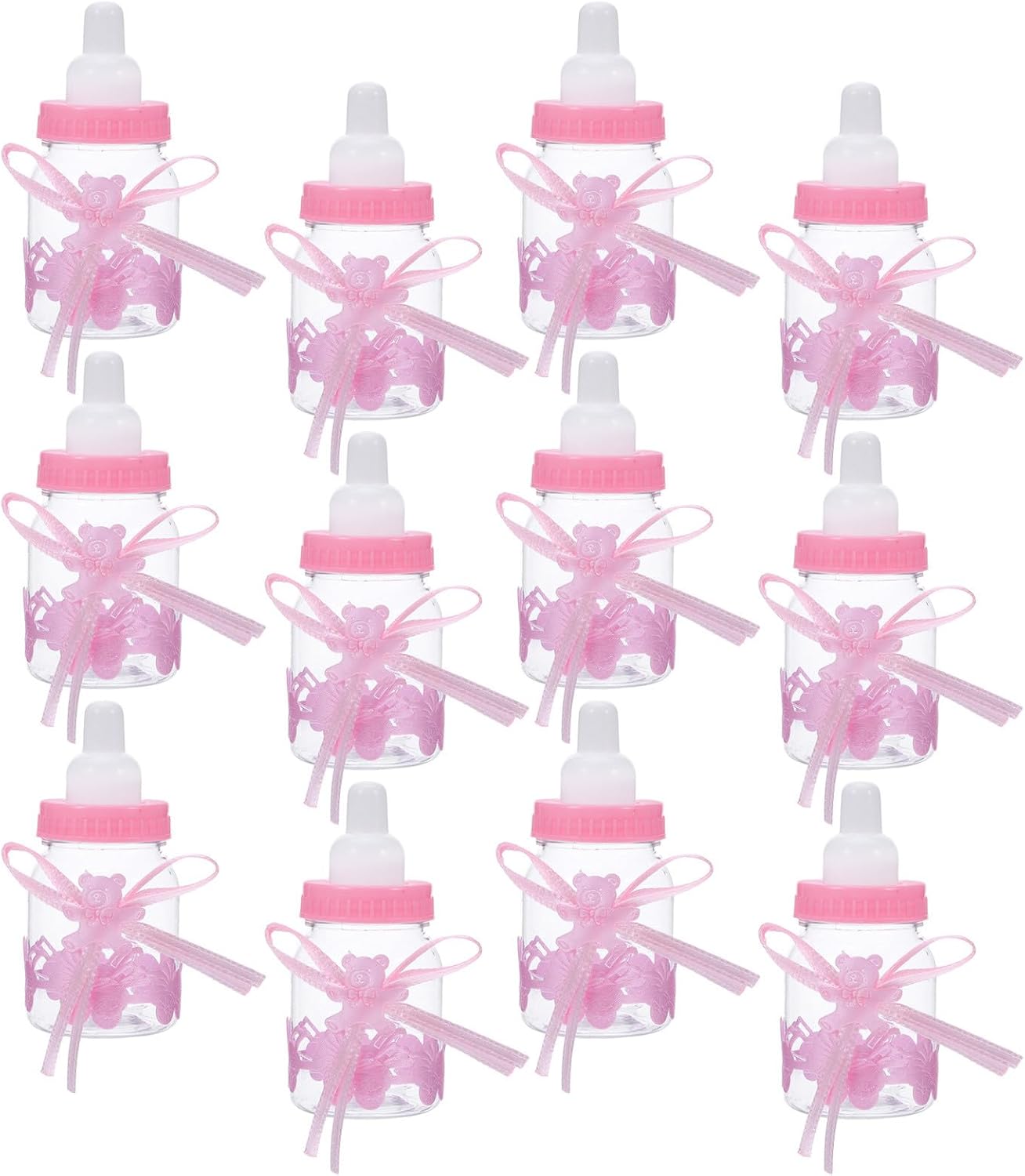 12pcs Pink Shower Candy Containers Small Plastic Refillable Bottle Favors with Ribbon for ’ Birthday Party and Newborn Celebration