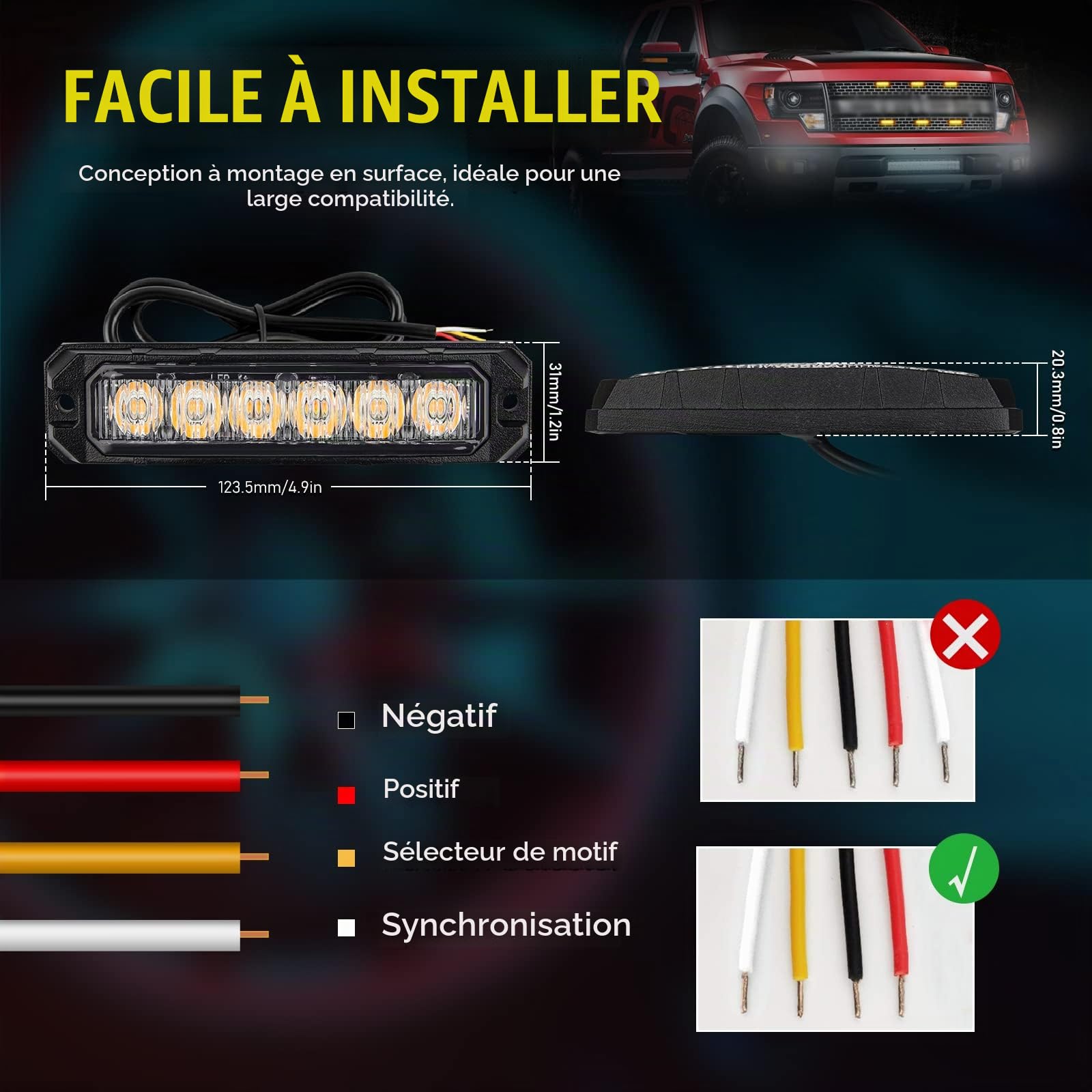 210 degrés Led stroboscopes ambre, Mode 17-clignotant 6-LED 6W Mini feu de repère latéral, Surface Mount calandre feux d’avertissement pour camions voiture véhicules tête danger d’urgence, 4PC Pack