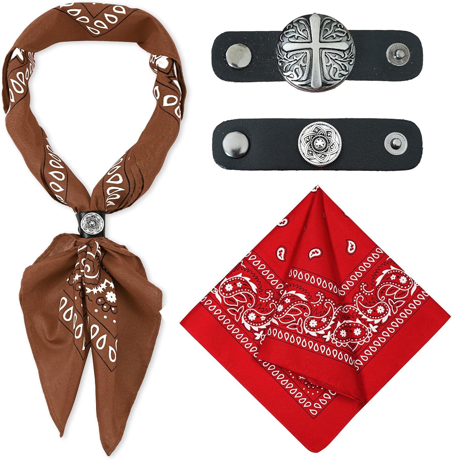 Square Cowboy Bandana Western Scarf for Women Men, Brown & Red Bandana Scarves & 2 Vintage Leather Buckle Scarves Rings Slide, Versatile Western Bandanas Scarf Silk Like Neck Head Cowboy Cowgirl Gift