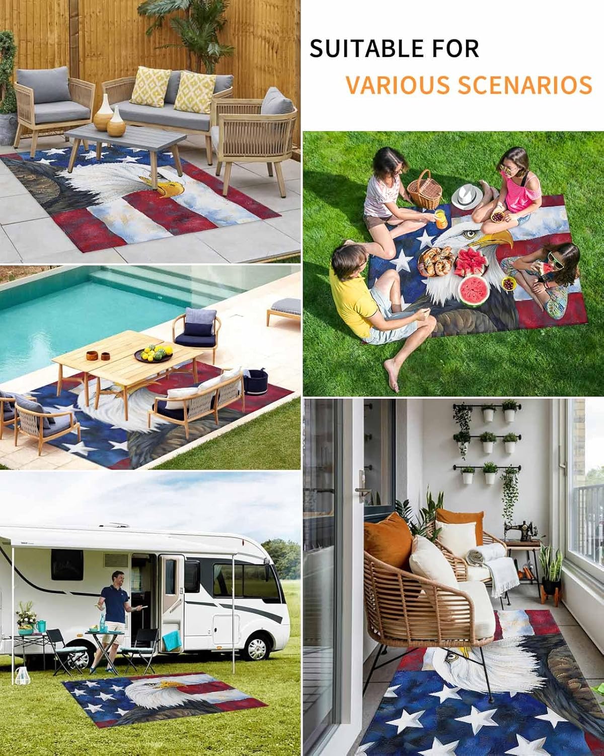 4th of July Outdoor Rug 4x6 ft Eagle Large Area Rug Non Slip Rustic Retro American Flag Independence Day Front Door Mat RV Rug Camping Carpet Patio Outdoor Rugs for Backyard Balcony Deck Porch Indoor