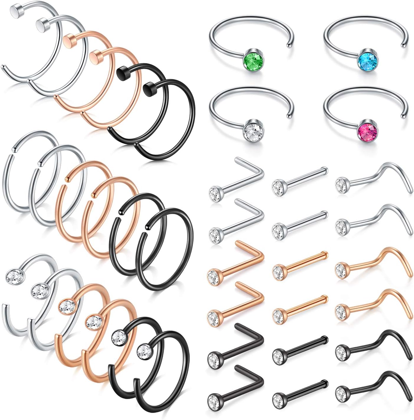 MODRSA 18 Nose Rings Studs Surgical Stainless Steel Hypoallergenic L Shaped Nose Piercing Jewelry for Women Men Silver Black Nostril Hoop Rings 18 Gauge