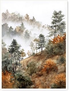 Autumn Forest Mist Wall Art – Moody Watercolor Tree Landscape Canvas Print with Foggy Hillside and Earth Tones for Rustic Living Room Decor-11x14Inch Ready to Hang (Unframed)