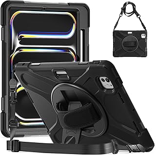 【ForiPadPro11インチケース2024モデルM4第5世代保護ケース耐衝撃ほごシェルスタンドペン収納付き対応横置きバンド&ショルダーストラップ肩掛け首掛け現場防塵傷防止タイピング子供友好便利多機能耐衝撃ケースカバーiPadPro11ケース2024対応モデル番号A2836/A2837カバー, ブラック