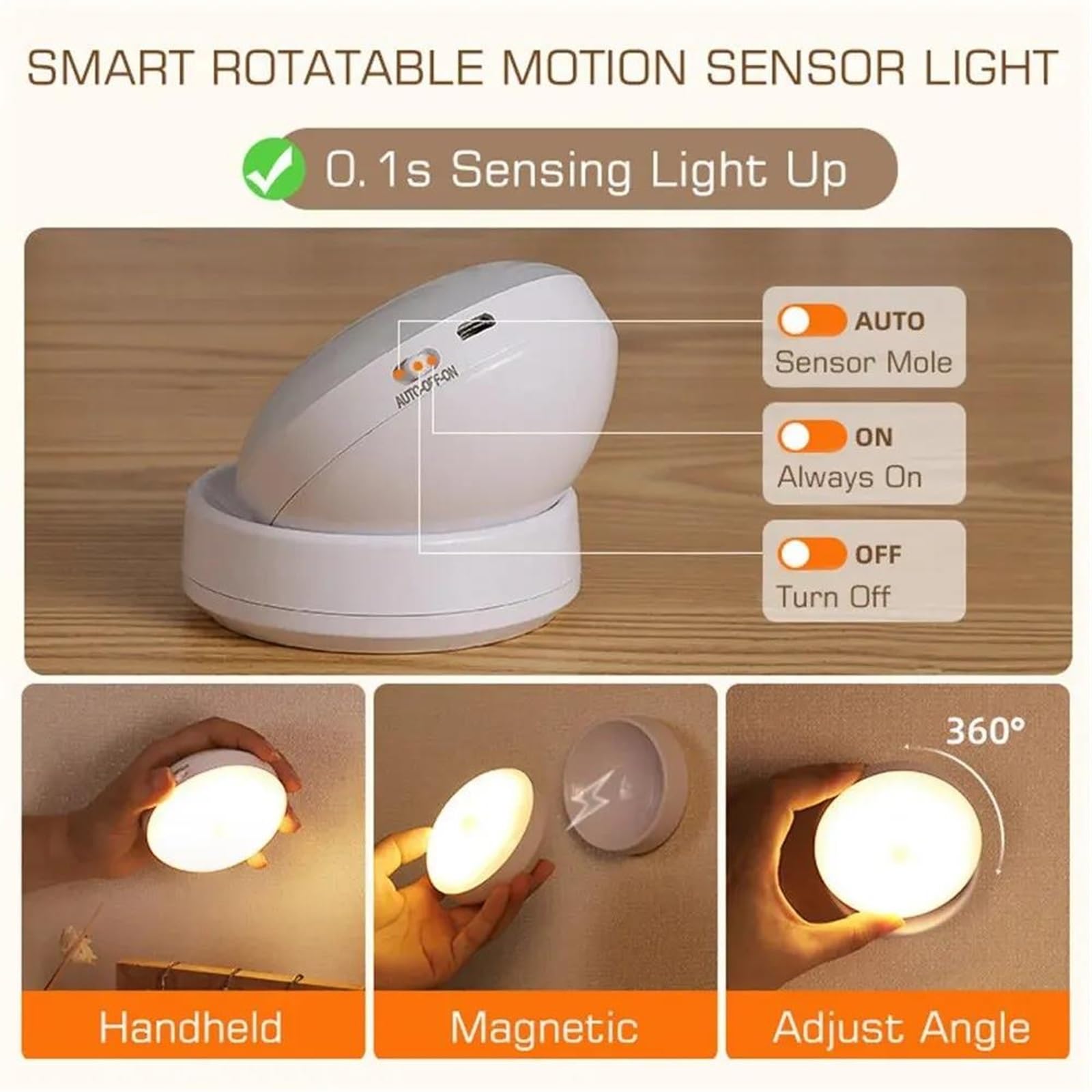 Lámpara de pared para el hogar, recargable, luz debajo del gabinete, lámpara de noche inalámbrica para armario, sensor de movimiento PIR giratorio de 360 grados, luces de pared a batería (color: BLAN