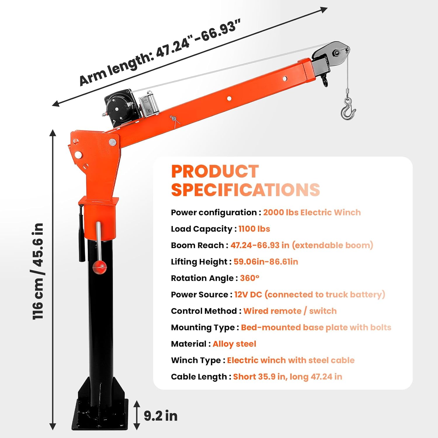Truck Bed Crane Hoist 1600LBS, Includes 3500LBS 12V Electric Winch w/Dual Control, 3-Stage Telescoping Boom, 360° Swivel Base, Alloy Steel, for Engine Removal & Wood handling (3500LBS)
