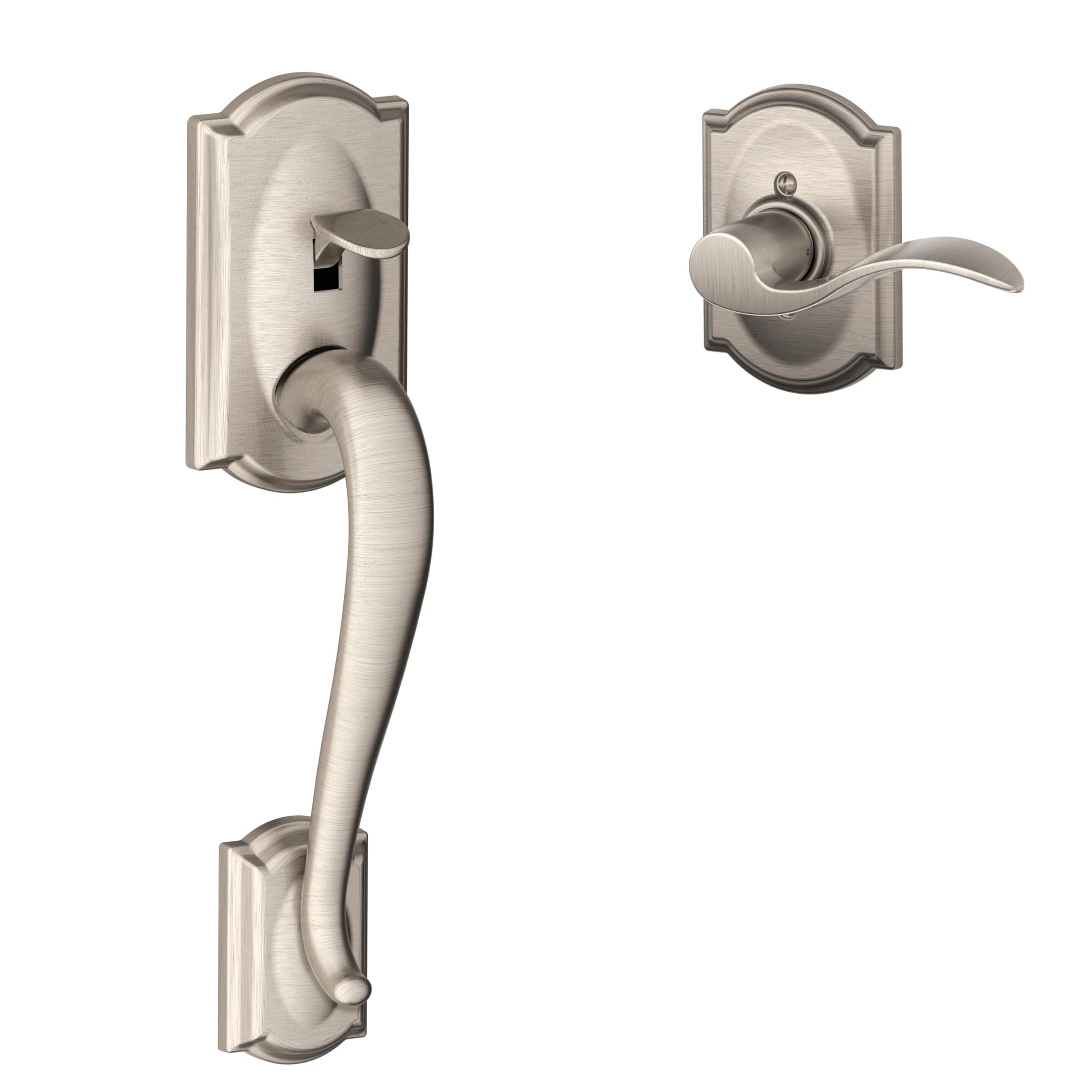 Schlage FE285 Camelot by Accent Camelot by Left Hand Bottom Half Handleset with 16080 Latch and 10063 Strike Satin Nickel Finish — image 1