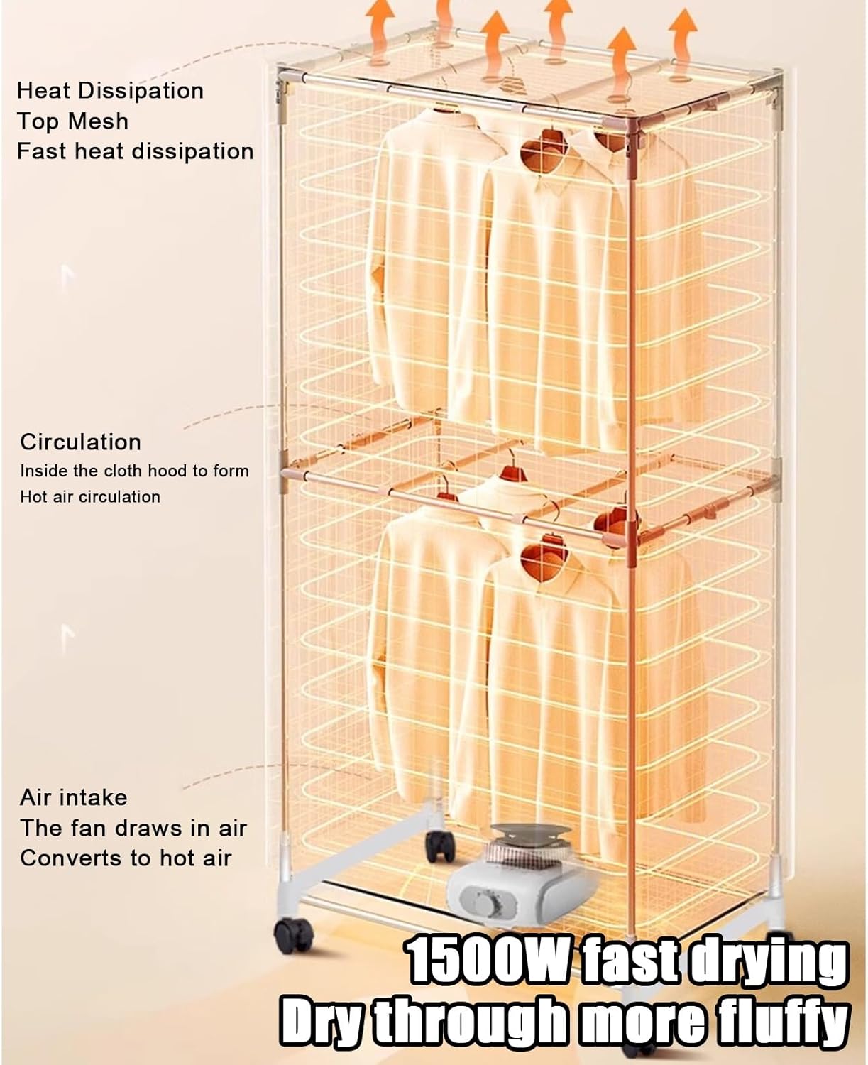 Foldable Dryer, Tumble Dryer for Home use, Waterproof Oxford Cloth, Large Capacity 680L, 1500W high Power Dryer Wardrobe, Suitable for Home, Flat and Travelling Caravan(Beige)