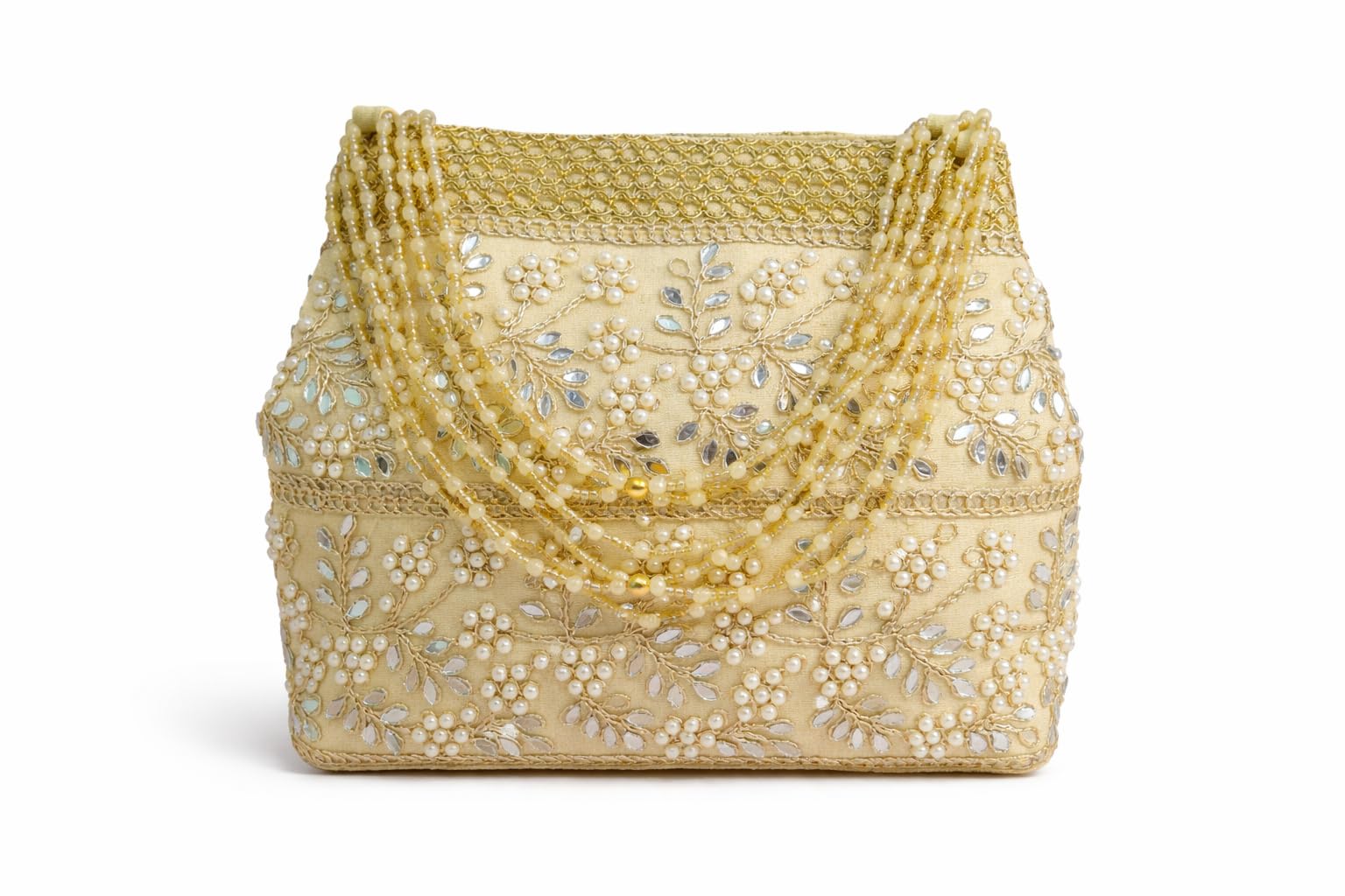 Women's Embroidered Potli Bag with Pearl Bead Handle, Mirror Work, Golden Ivory, Bridal Clutch for Wedding, Festive Seasons.-image-15