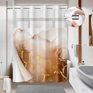 No Hook Shower Curtain with Snap in Liner Set, Abstract Brown and Gold Marble Texture Shower Curtains for Bathroom Hotel Decor, Waterproof 71x74 Inch