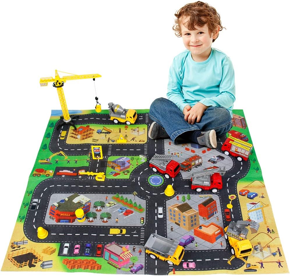 Toy Cars Play Mats for Kids-Mini Pull Back Toy Trucks and Crane Toy Role Play Educational Toys for Kids 3 4 5 Year Olds Boys Girls(79*69.5 cm Play Mat)