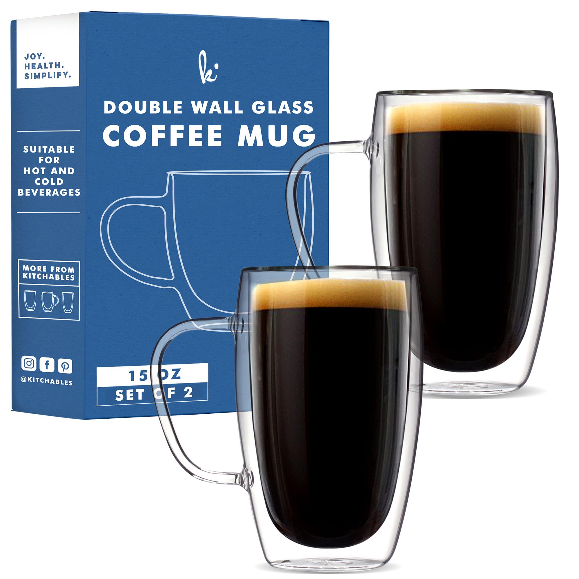 Kitchables Double Walled Glass Coffee Mugs Set of 2, 15oz - Insulated Glass Coffee Mugs for Cappuccino, Latte, Tea, Espresso - Latte Cup - Tazas Para Cafe