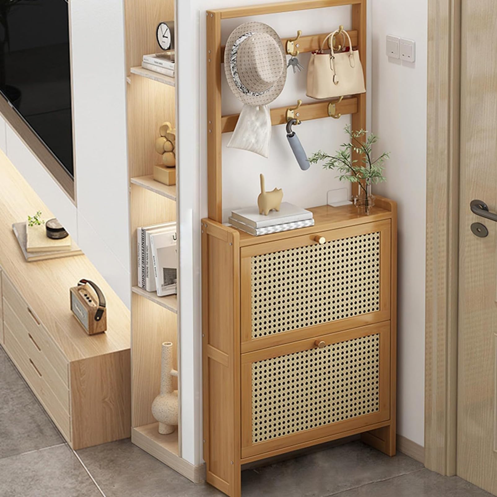 Zapatero con Puertas, Mueble Recibidor Entrada, Zapatero Bambu para 10-30 Pares, Zapatero Entrada Recibidor Nero, Mueble Zapatero De RatáN, para La Entrada O El Pasillo, Ahorro De Espacio