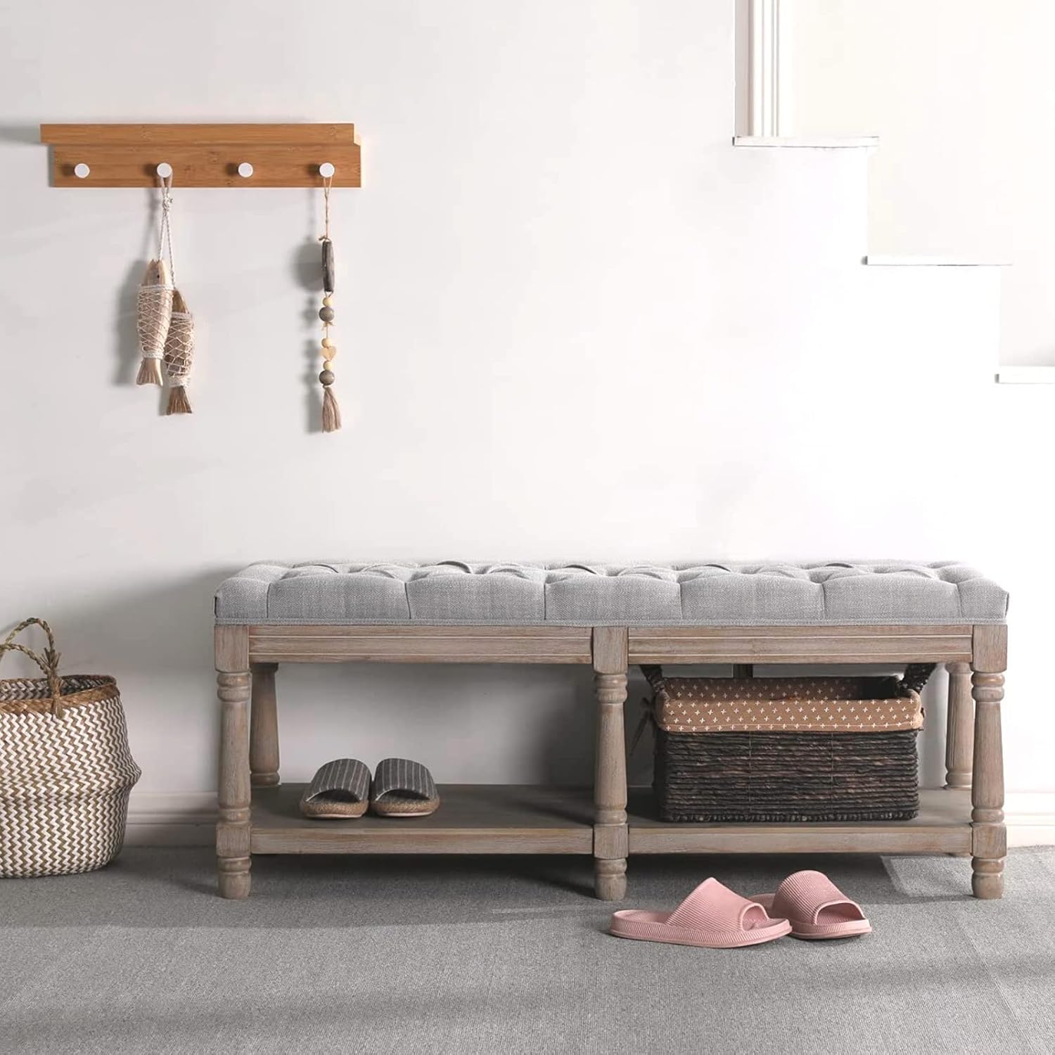 Upholstered Entryway Bench, Bedroom Storage Ottoman Bench Tufted Fabric Farmhouse Shoe Bench with Shelf Wooden Legs for Hallway Living Room Foot of Bed, Grey