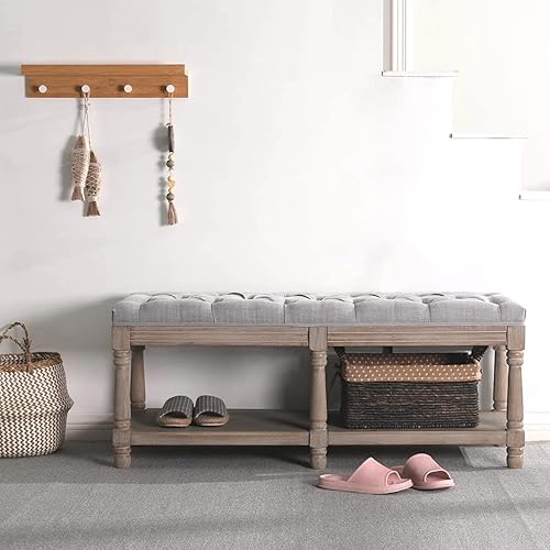 Miniatura 3 de Banco de entrada tapizado, banco otomano de almacenamiento para dormitorio, banco otomano de tela copetuda con estante y patas de madera para