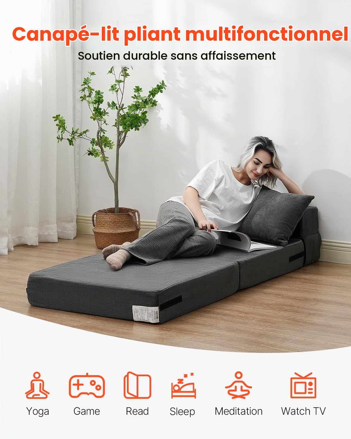 VEVOR Canapé-lit Pliant, 3 en 1, Fauteuil-lit Convertible Pliable, 2 oreillers et Housse Lavable, canapé-lit futon en Mousse à mémoire de Forme, pour Salon, Chambre, Gris foncé, 186 x 73 cm (Single)
