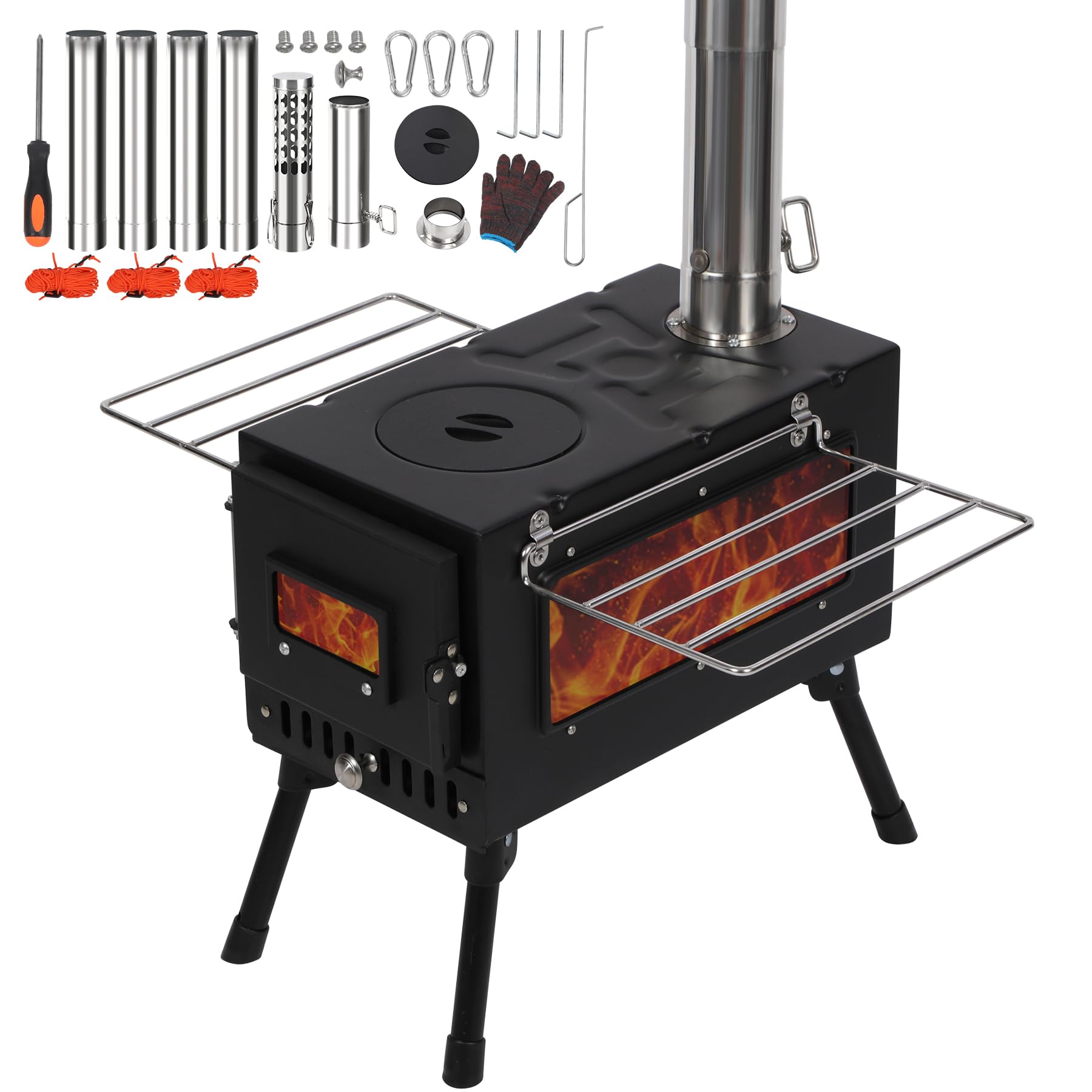 REDCAMP Camping Tent Stove, Foldable Tent Wood Burning Stove, Portable Hot Tent Wood Stove with Windproof Chimney for Outdoor Camping Cooking, Black