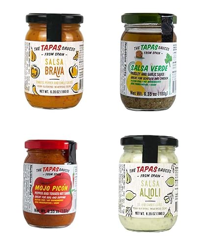 Miniatura 1 de The Tapas Sauces Combo 4 de Salsa Verde Mojo Picon Salsa Brava y Alioli cada uno en tarros de cristal de 635 oz