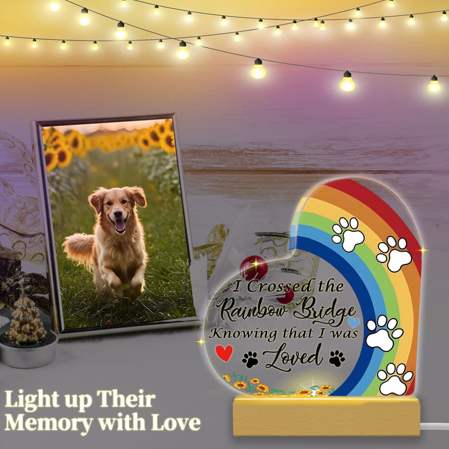 Rainbow Bridge Dog Memorial Gifts for Loss of Dog Cat Christmas Gift,5.9“ Acrylic with LED Light/Picture Frame Keychain with Paw Prints/Sympathy Card Pet Sympathy Bereavement Gifts for Pet Lovers(Paw)