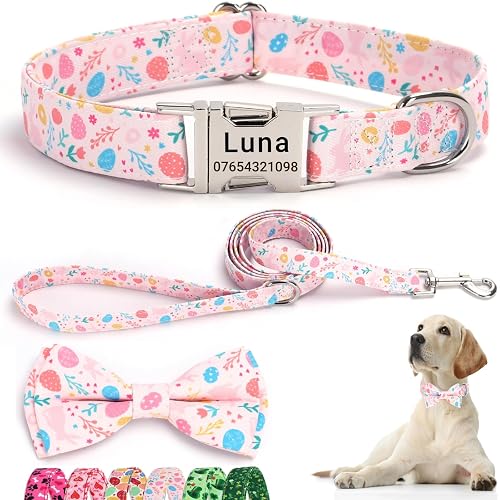 SEOUGEE Collar de perro de Pascua personalizado con pajarita y juego de correa