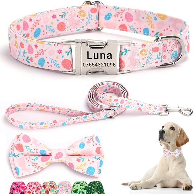 SEOUGEE Collar de perro de Pascua personalizado con pajarita y juego de correa