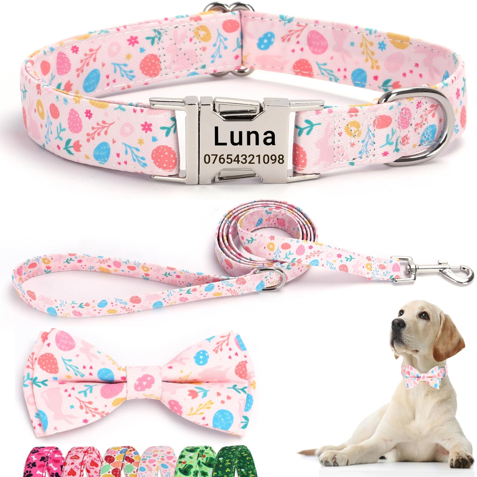 SEOUGEE Easter Dog Collar Personalised with Bowtie & Lead Set, Adjustable Cotton Dog Collars and Leash with Engraved Metal Buckle for Large Dogs (Bunny Bloom Set, XL:Neck 45-70cm)