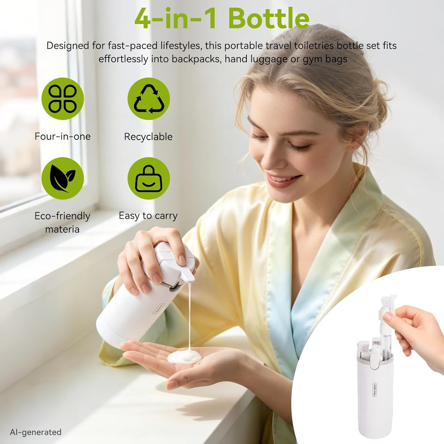 4 in 1 Travel Dispenser Bottle, 4 Pack 30ML Pump Bottle for Toiletries Leak Proof Travel Size Containers, Portable Containers for Shampoo Lotion Conditioner Cream (White)