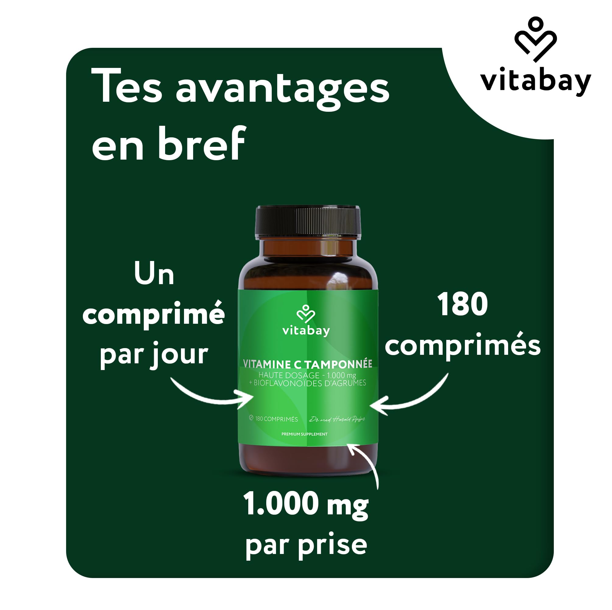 Vitabay Vitamine C 1000 mg - 180 Comprimés de Vitamine C Naturelle à Libération Prolongée - Végane sans Additifs et à Haute Dose - Vitamine C avec Bioflavonoïdes d'Agrumes - Vérifié en Laboratoire