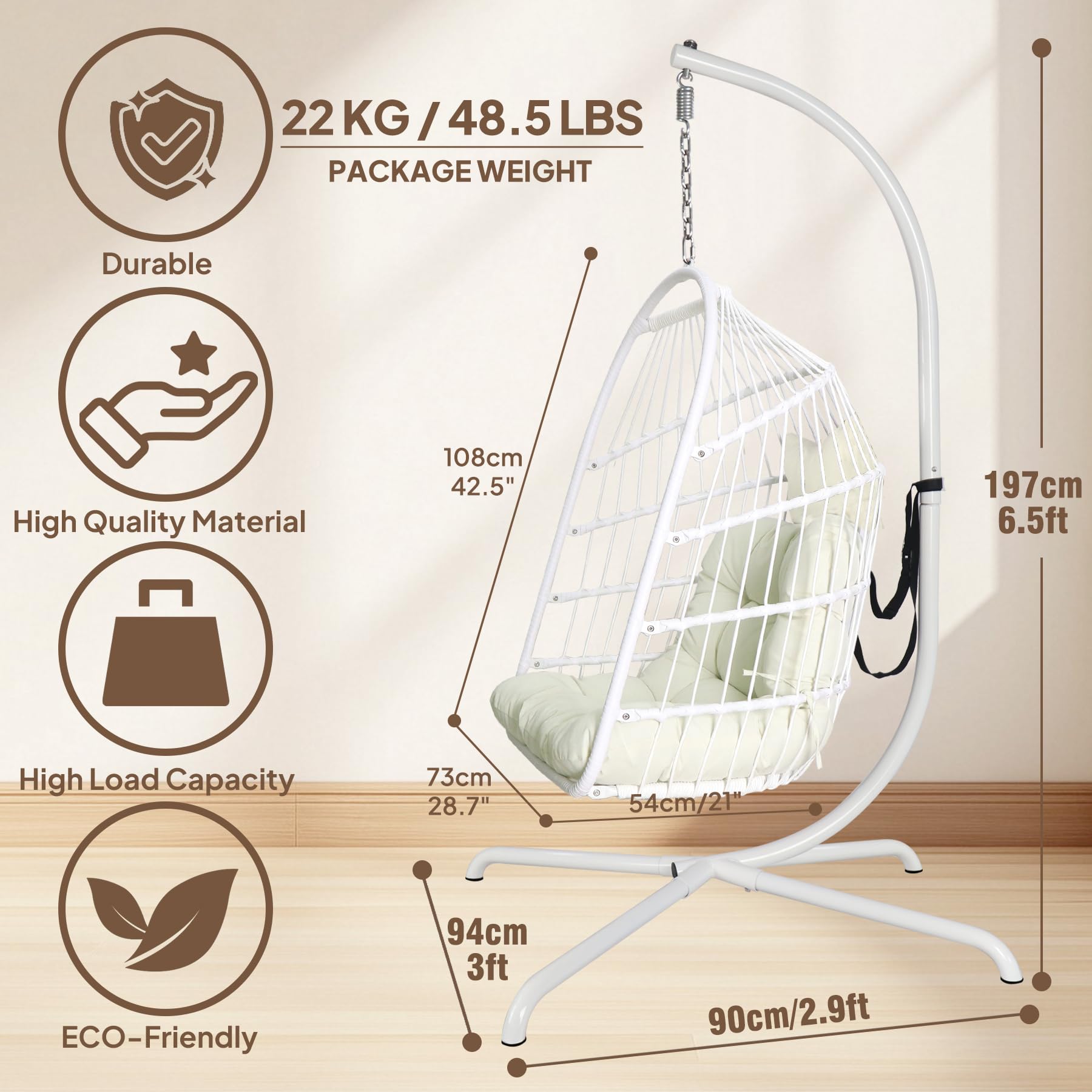 Silla Huevo con Soporte Ultra Fuerte y cojín Plegable de Mimbre y ratán Silla Colgante Silla de Interior al Aire Libre Silla Hamaca Silla de 330 Libras de Capacidad Balcón Porche Dormitorio Jardín