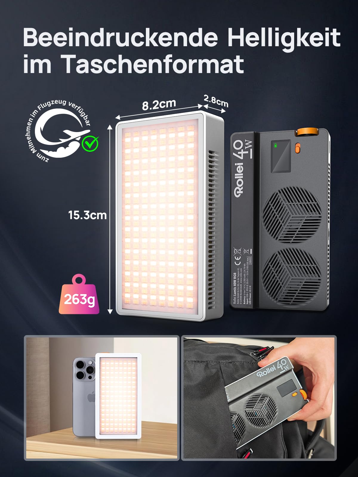 Rollei Lumis 40W RGB Led Videoleuchte, Kamera Licht mit Eingebautem Akku und Typ-C-Aufladung 5645 Lux CRI/TLCI 97+, 263g Fotolampe für Fotostudios Live Streaming YouTube TikTok