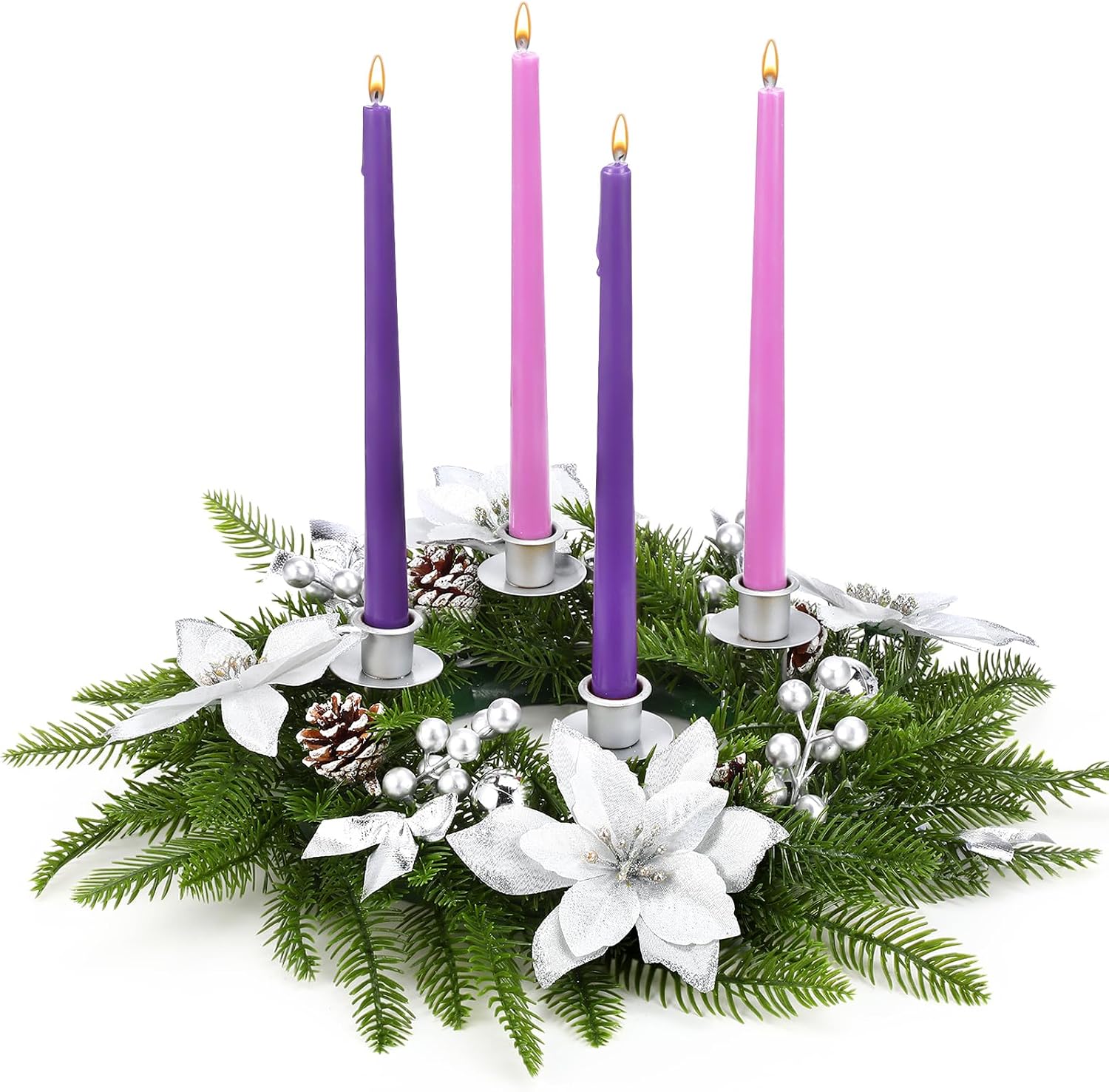 Tioncy 17 Inch Christmas Advent Wreath Candle Holder Christmas Table Centerpiece Decoration Advent Candle Holder Wreath with Pine Cones Holly Berries Stem Bow Tie for Winter Church Decor (Silver)