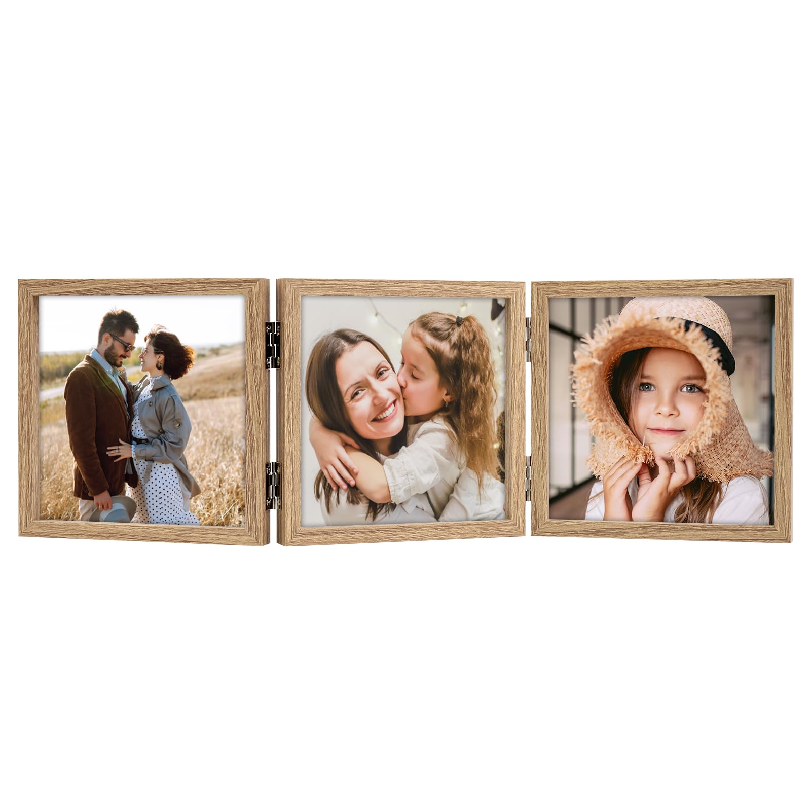ORIVAN 5x5 Triple Picture Frame Hinged 3 Photos Folding Photo Frames with Glass Vertical Stand Frames, Wood Grian