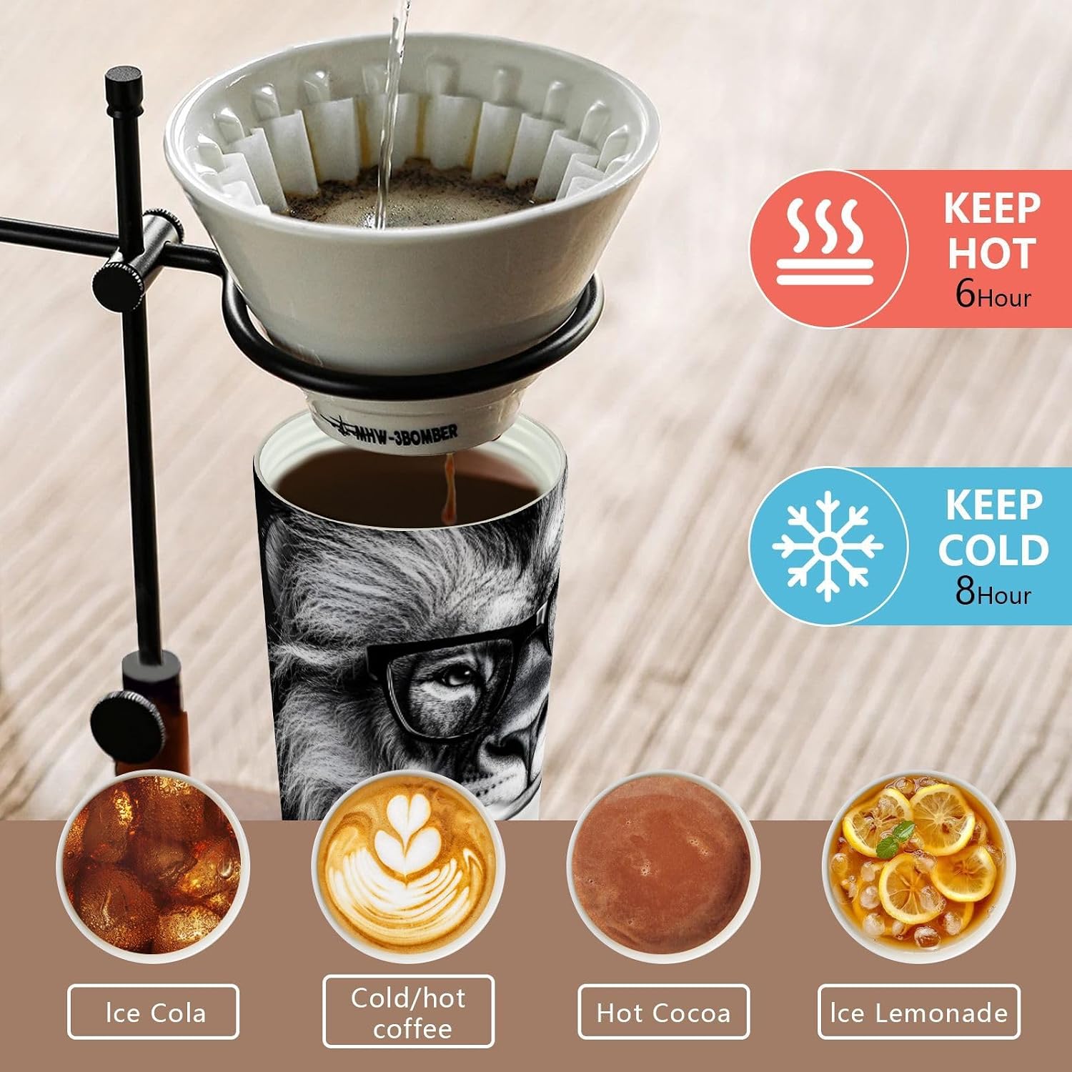 Lion Glass Coffee Insulated Coffee Mug with Straw & Flip Lid, 16.9oz Iced Tumbler Cup, Double Wall Vacuum Mug for Travel Office
