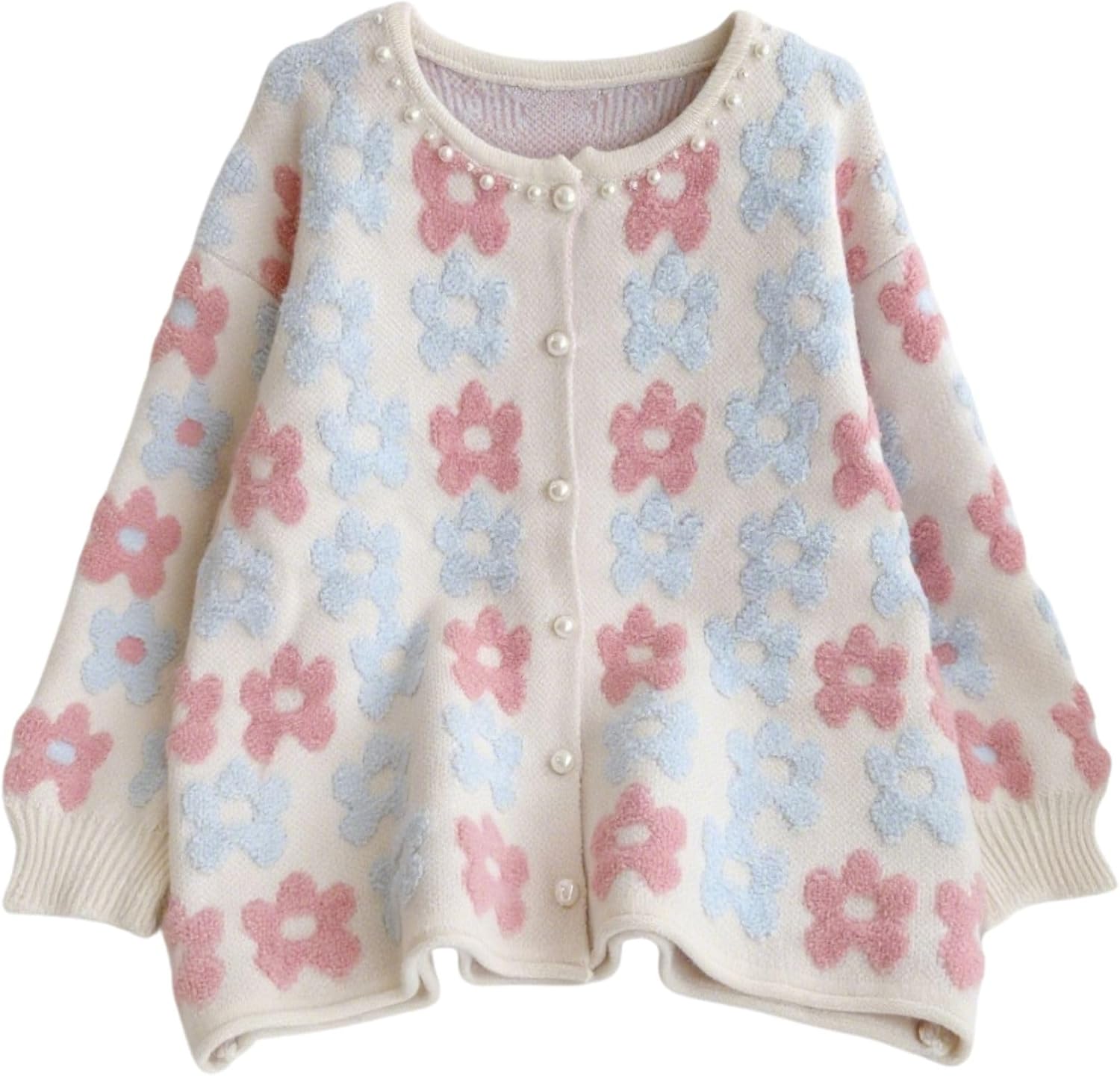 Womens fluffy floral cardigan sweater sweet oversized knit outerwear