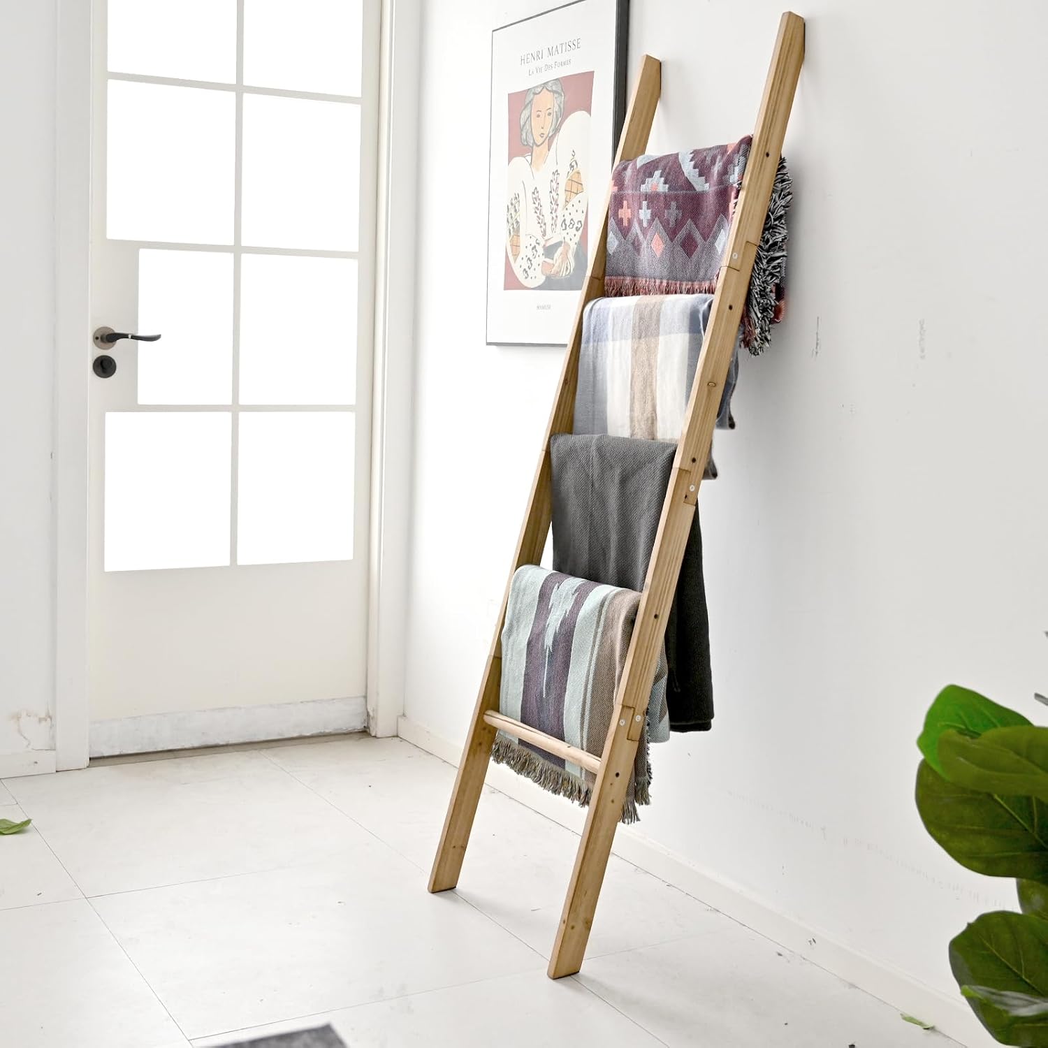 FUIN 63inch Wooden Blanket Ladder, Wood Towel Ladder, Rustic Decorative Ladder for Blankets, Farmhouse Quilt Rack for Living Room & Bathroom