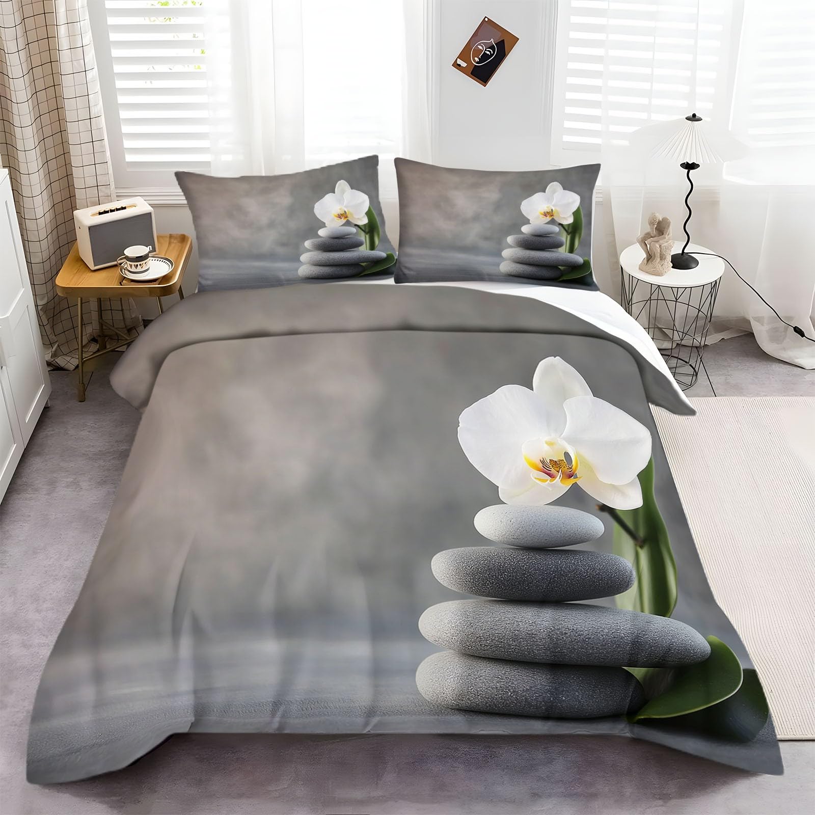 Funda Nórdica Cama 135/150-220 x 240 cm Suave Transpirable, Orquídea De Piedra Gris Patrón Gris Microfibra Juego de Fundas Edredón 1 Funda Nórdica + 2 Fundas de Almohada 50x75cm