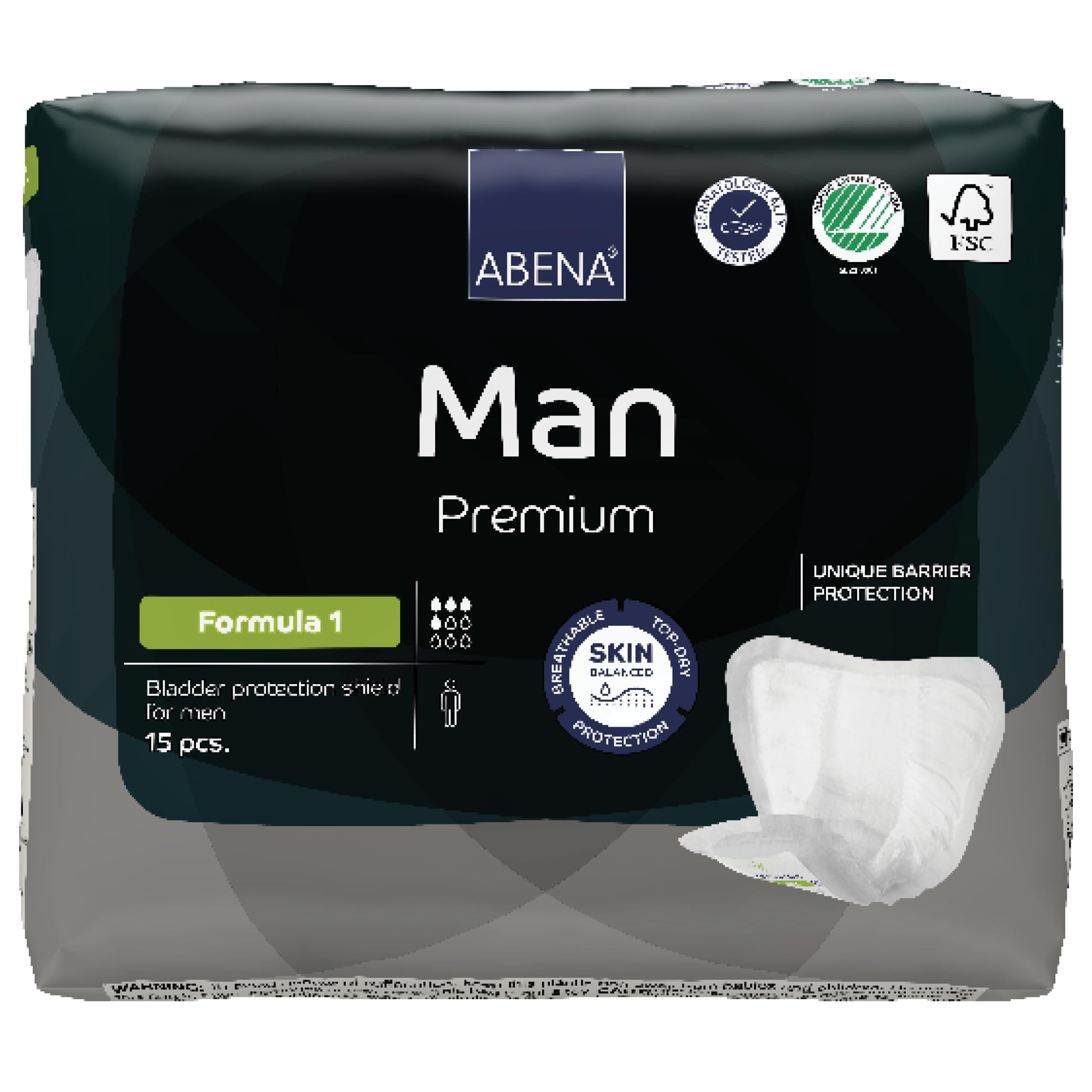 ABENAMan Formula 1 Incontinence Pads for Men, Eco-Labelled Mens Incontinence Pads, Extra Protection, Breathable & Comfortable with Fast Absorption, Discreet - 450ml Absorbency, 15PKThe Nordic Swan EcolabelThe Nordic Swan Ecolabel