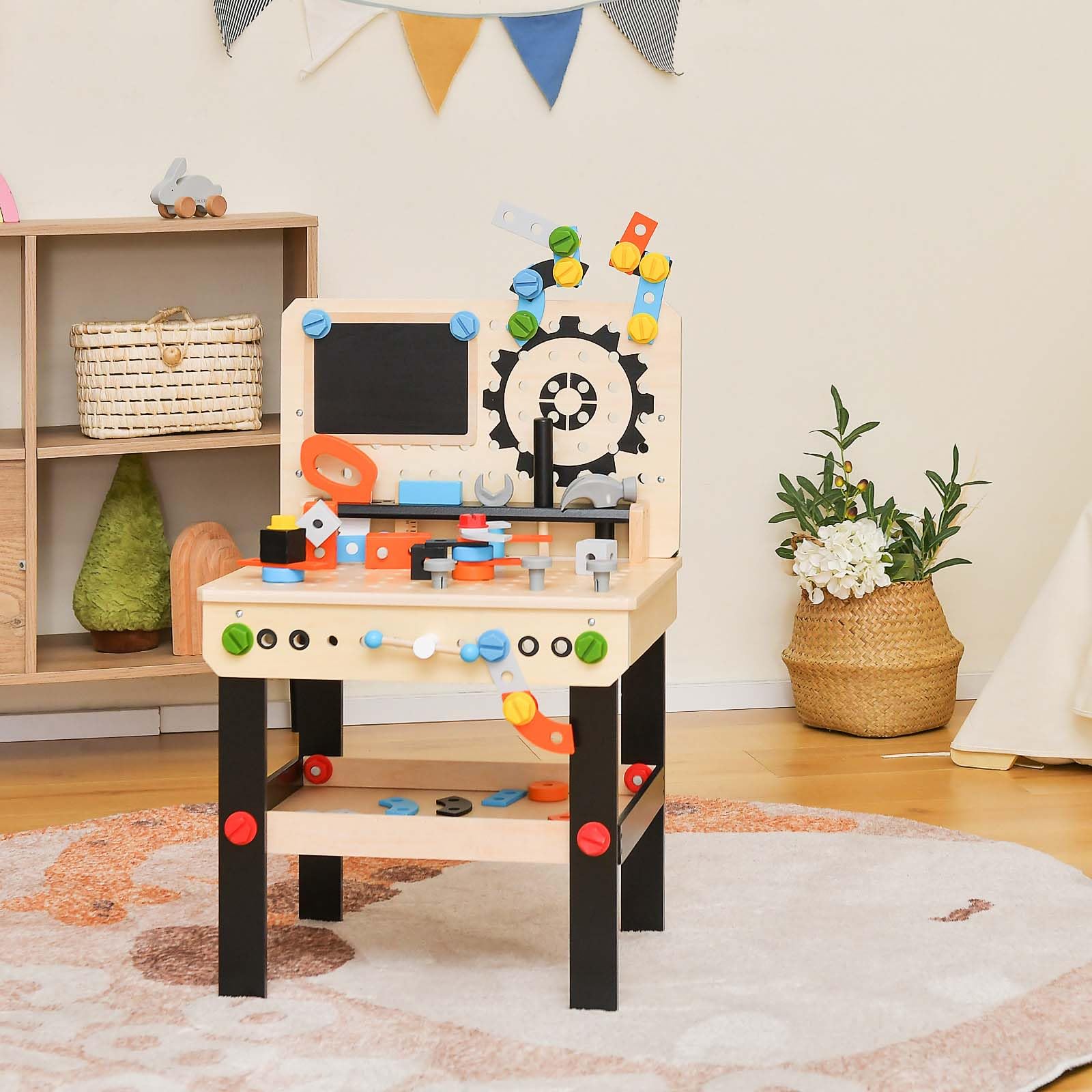 RELAX4LIFE Banco de trabajo para niños, banco de herramientas de madera con pizarra, 6 herramientas y 75 accesorios para juguetes, mini-trabajadores, niños 3+ años