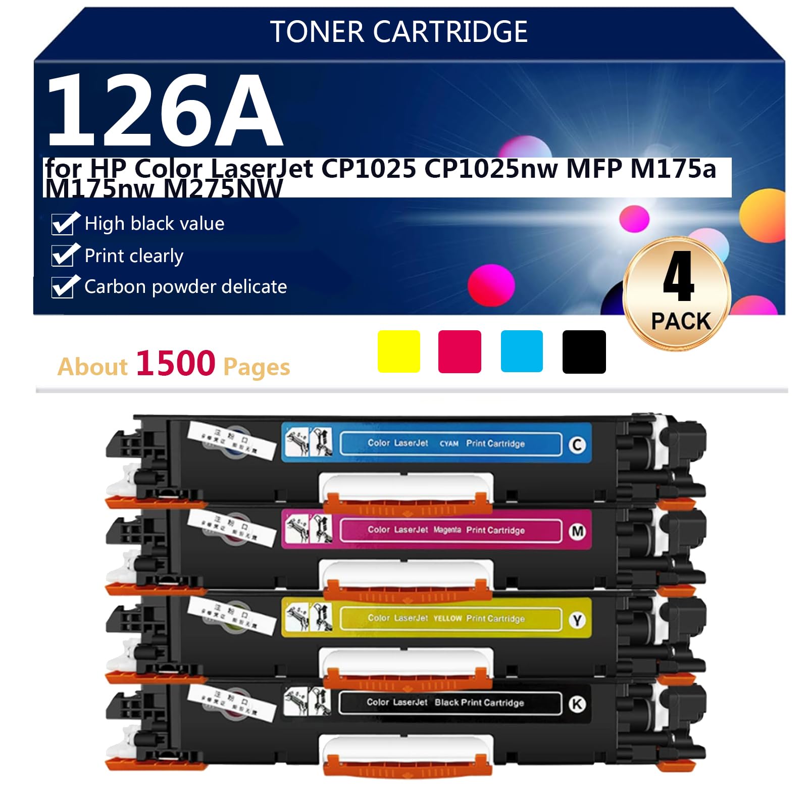 126A CE310A CE311A CE312A CE313A Cartucce di Toner per HP Color LaserJet CP1025 CP1025nw MFP M175a M175nw M275NW Stampanti, per Scuole, Ospedali e Banche, 1500 Pagine,BCMY-1 pack
