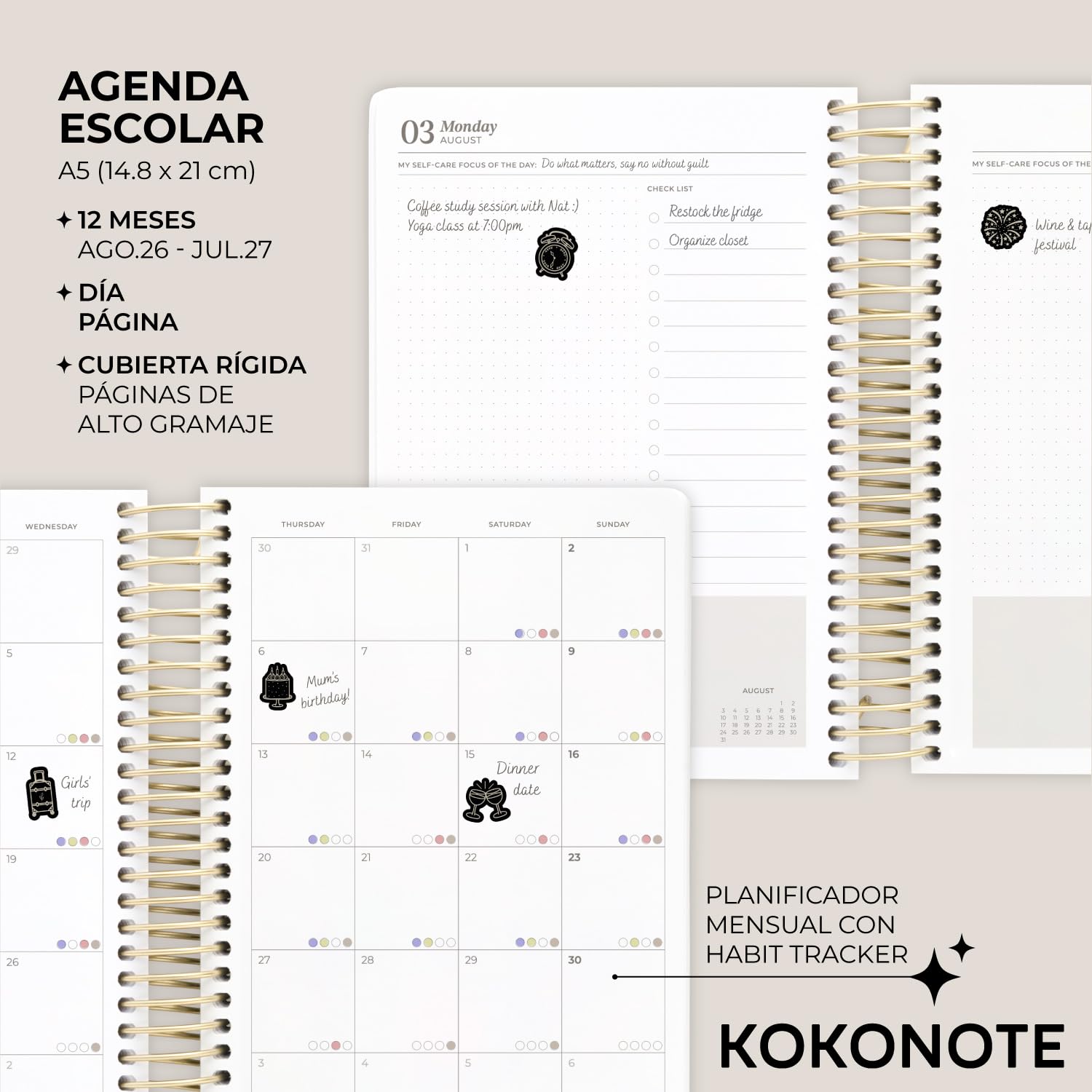 Kokonote Agenda 2026 2027 Dia por página A5 Rosa nude - Agenda Escolar Universitaria, Oposiciones o Insituto para mujer | Págs. Alto Gramaje | Con Pegatinas, Planificador Mensual, Anual, de Gastos…