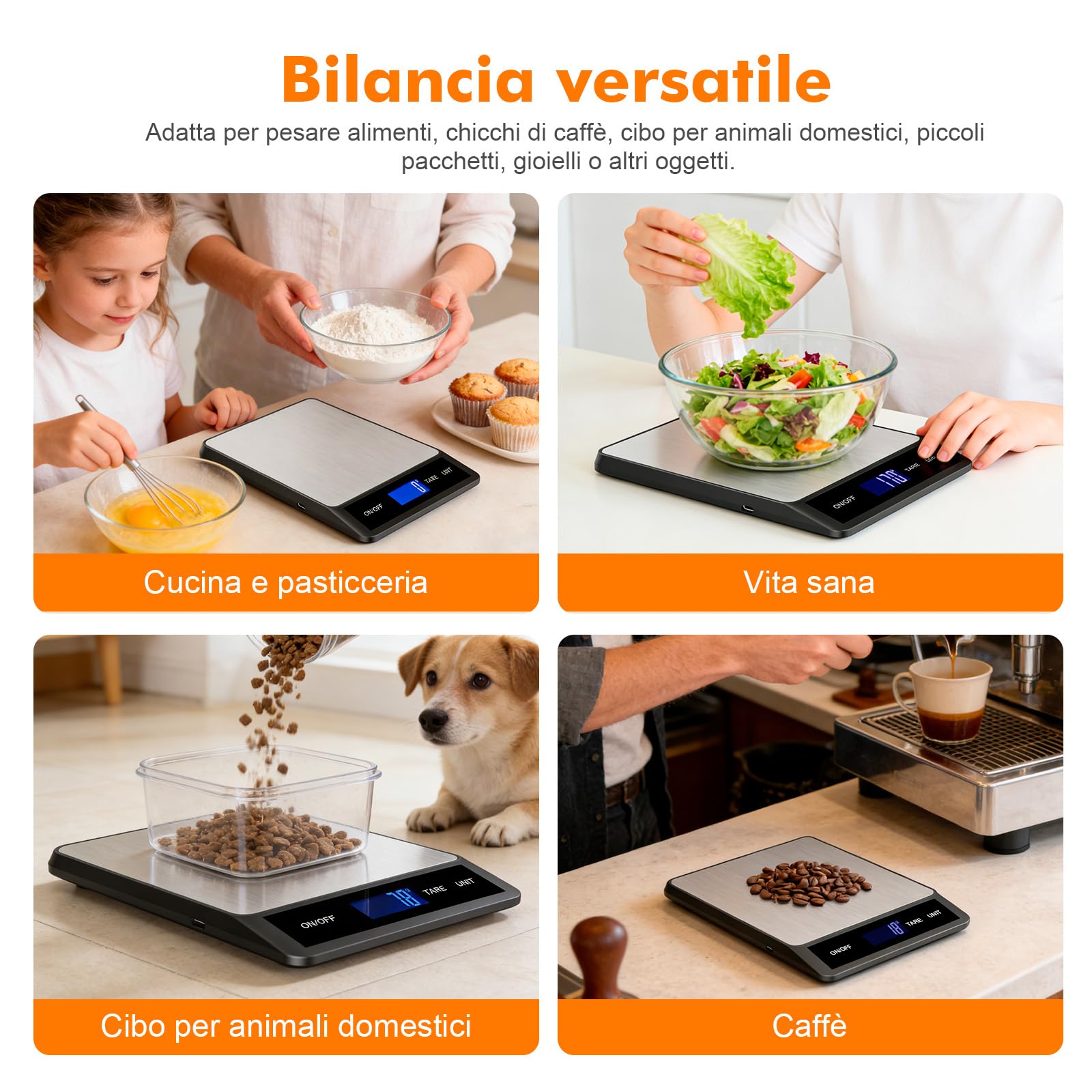 GRIFEMA GA2008-1, Bilancia da cucina ricaricabile, Bilancia multifunzione per alimenti in acciaio inossidabile, 5 kg/11 lb