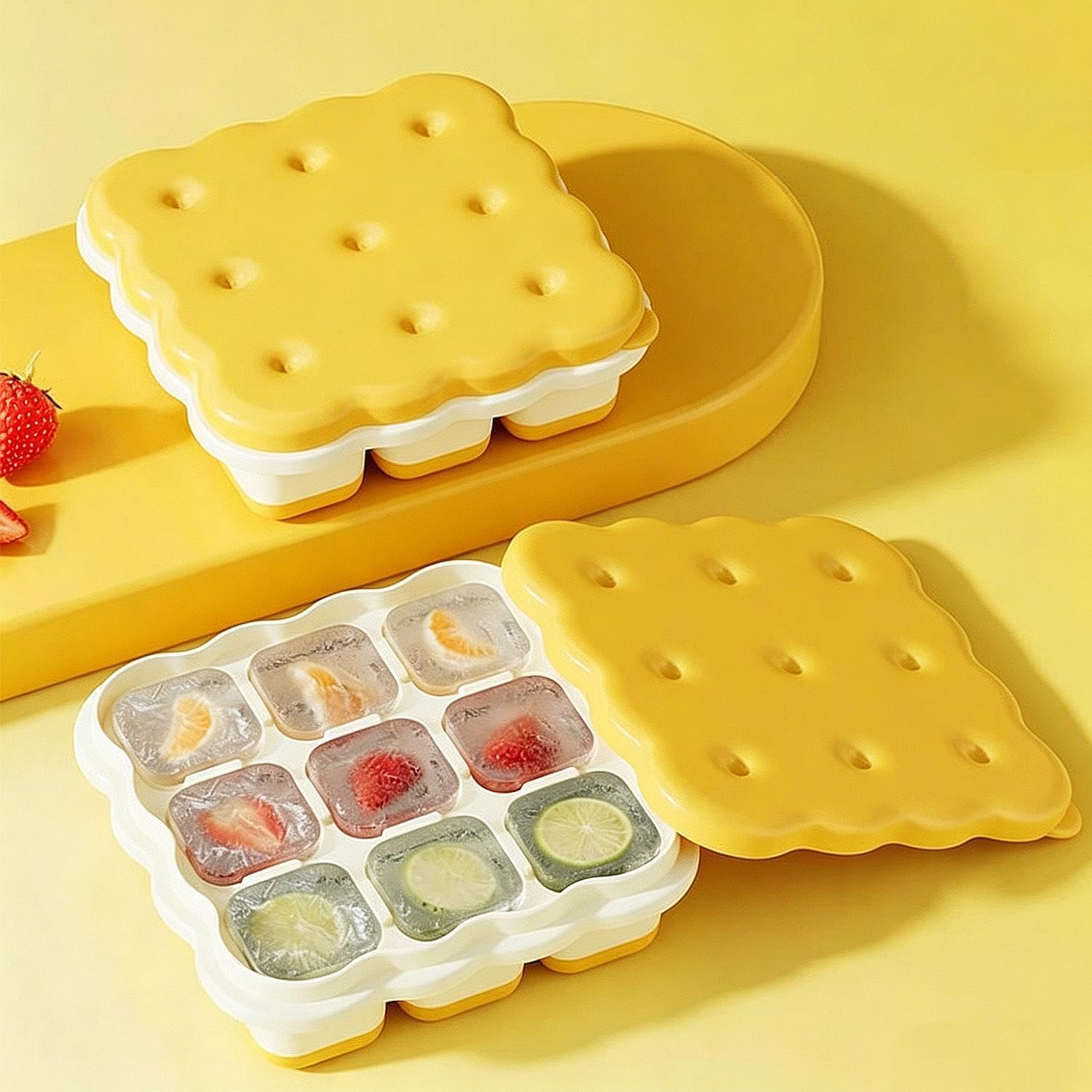 Silicone Ice Cubes Trays with Lid, Reusable Ice Trays for Freezer with Lid for Cocktail, Whiskey, Ices Cube Mold, Freezer Stackable Ices Maker, Easy Release (Yellow, 10x10x3cm)